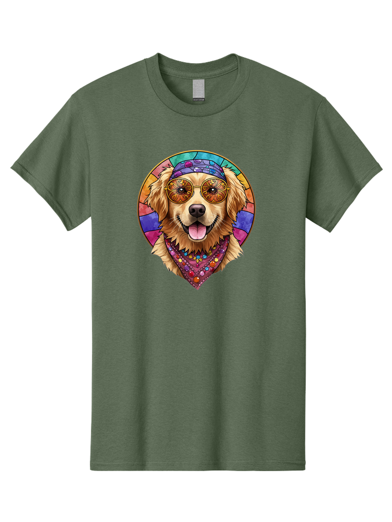 Golden-Retriever-Head Men'S Graphic Tee, 100% Cotton, Comfortable Casual Summer Wear, Machine Washable, Dog With Sunglasses, Psychedelic Art, Hippie Style, Colorful Design, Funky Illustration, Retro Vibe, Stained-Glass, Tie-Dye Effect, Bab986