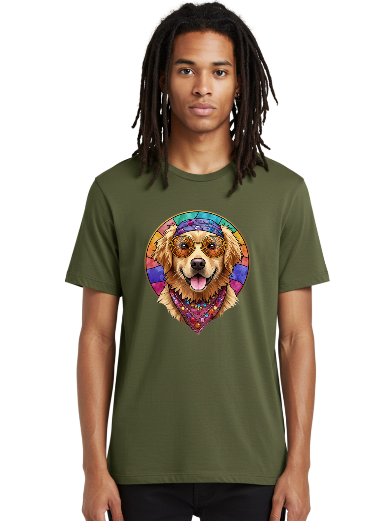 Golden-Retriever-Head Men'S Graphic Tee, 100% Cotton, Comfortable Casual Summer Wear, Machine Washable, Dog With Sunglasses, Psychedelic Art, Hippie Style, Colorful Design, Funky Illustration, Retro Vibe, Stained-Glass, Tie-Dye Effect, Bab986