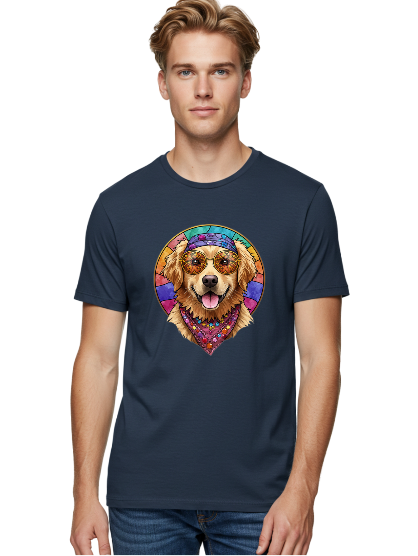 Golden-Retriever-Head Men'S Graphic Tee, 100% Cotton, Comfortable Casual Summer Wear, Machine Washable, Dog With Sunglasses, Psychedelic Art, Hippie Style, Colorful Design, Funky Illustration, Retro Vibe, Stained-Glass, Tie-Dye Effect, Bab986