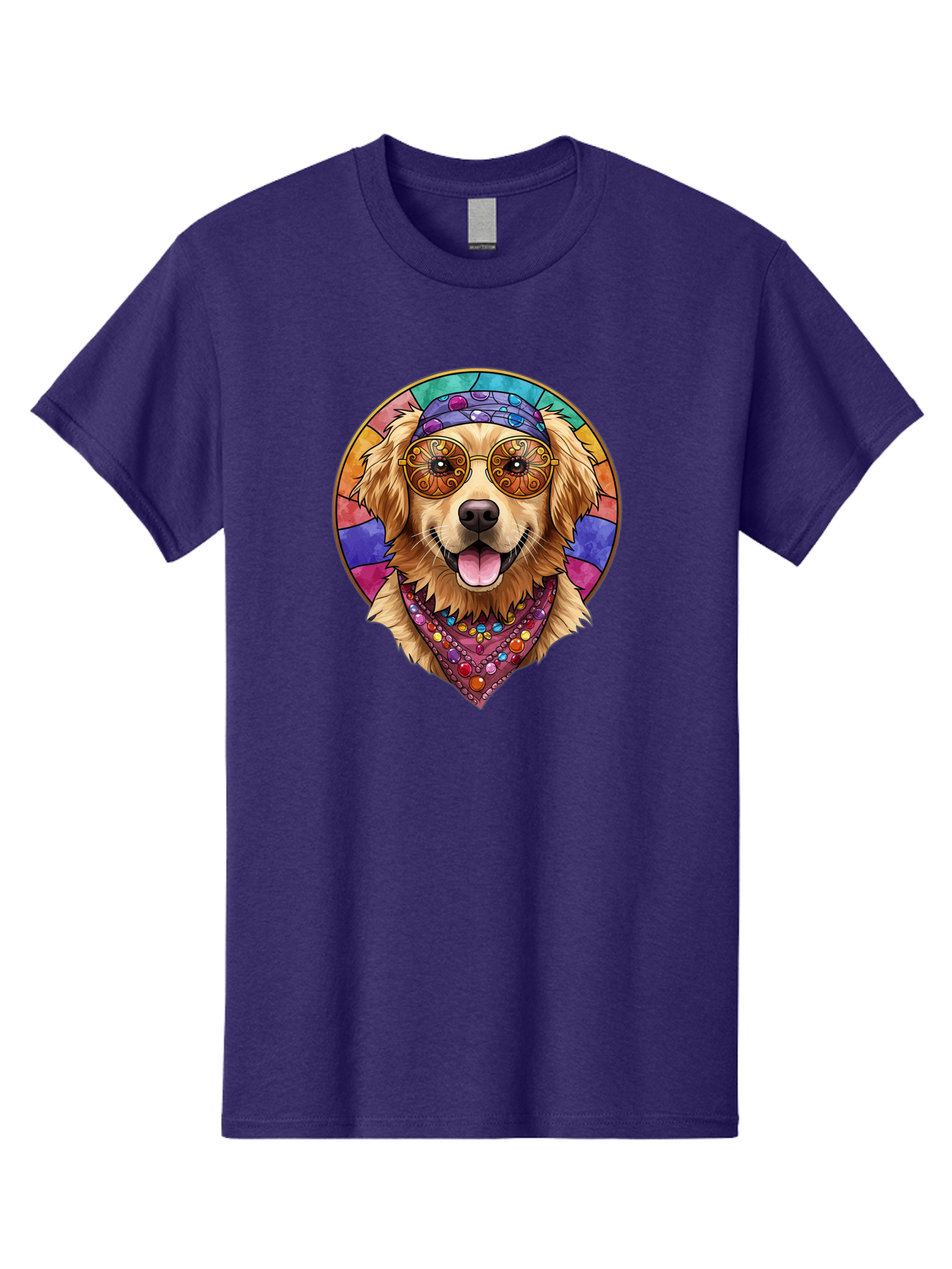 Golden-Retriever-Head Men'S Graphic Tee, 100% Cotton, Comfortable Casual Summer Wear, Machine Washable, Dog With Sunglasses, Psychedelic Art, Hippie Style, Colorful Design, Funky Illustration, Retro Vibe, Stained-Glass, Tie-Dye Effect, Bab986