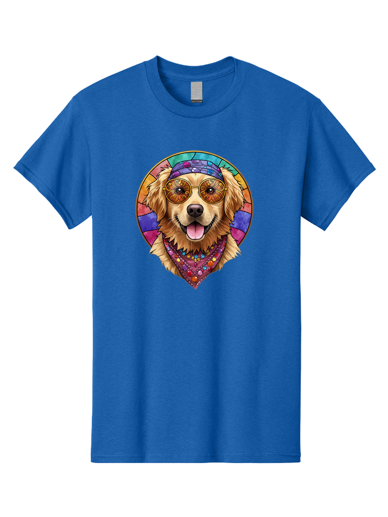 Golden-Retriever-Head Men'S Graphic Tee, 100% Cotton, Comfortable Casual Summer Wear, Machine Washable, Dog With Sunglasses, Psychedelic Art, Hippie Style, Colorful Design, Funky Illustration, Retro Vibe, Stained-Glass, Tie-Dye Effect, Bab986