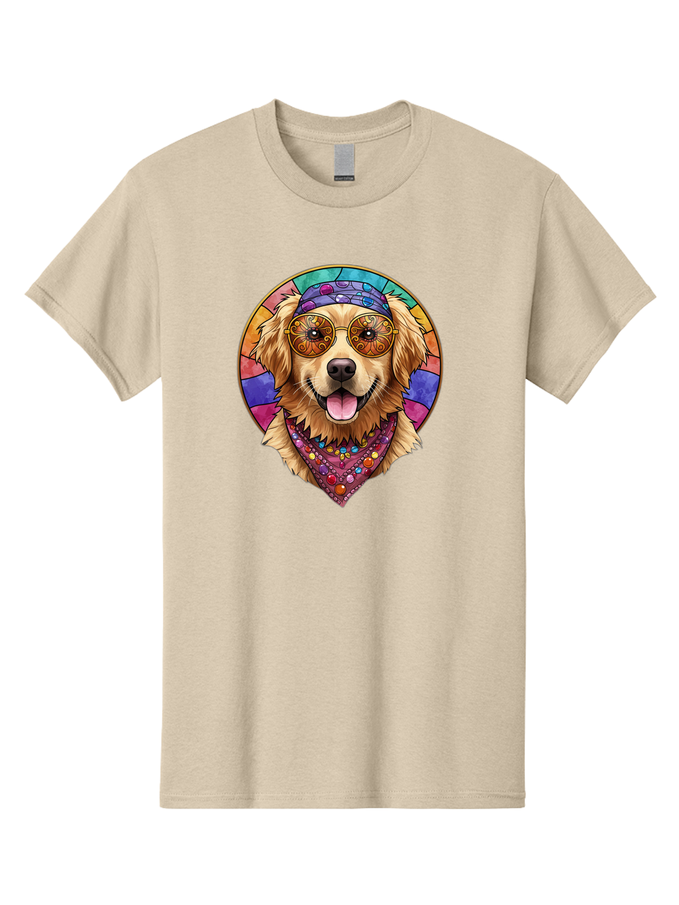 Golden-Retriever-Head Men'S Graphic Tee, 100% Cotton, Comfortable Casual Summer Wear, Machine Washable, Dog With Sunglasses, Psychedelic Art, Hippie Style, Colorful Design, Funky Illustration, Retro Vibe, Stained-Glass, Tie-Dye Effect, Bab986