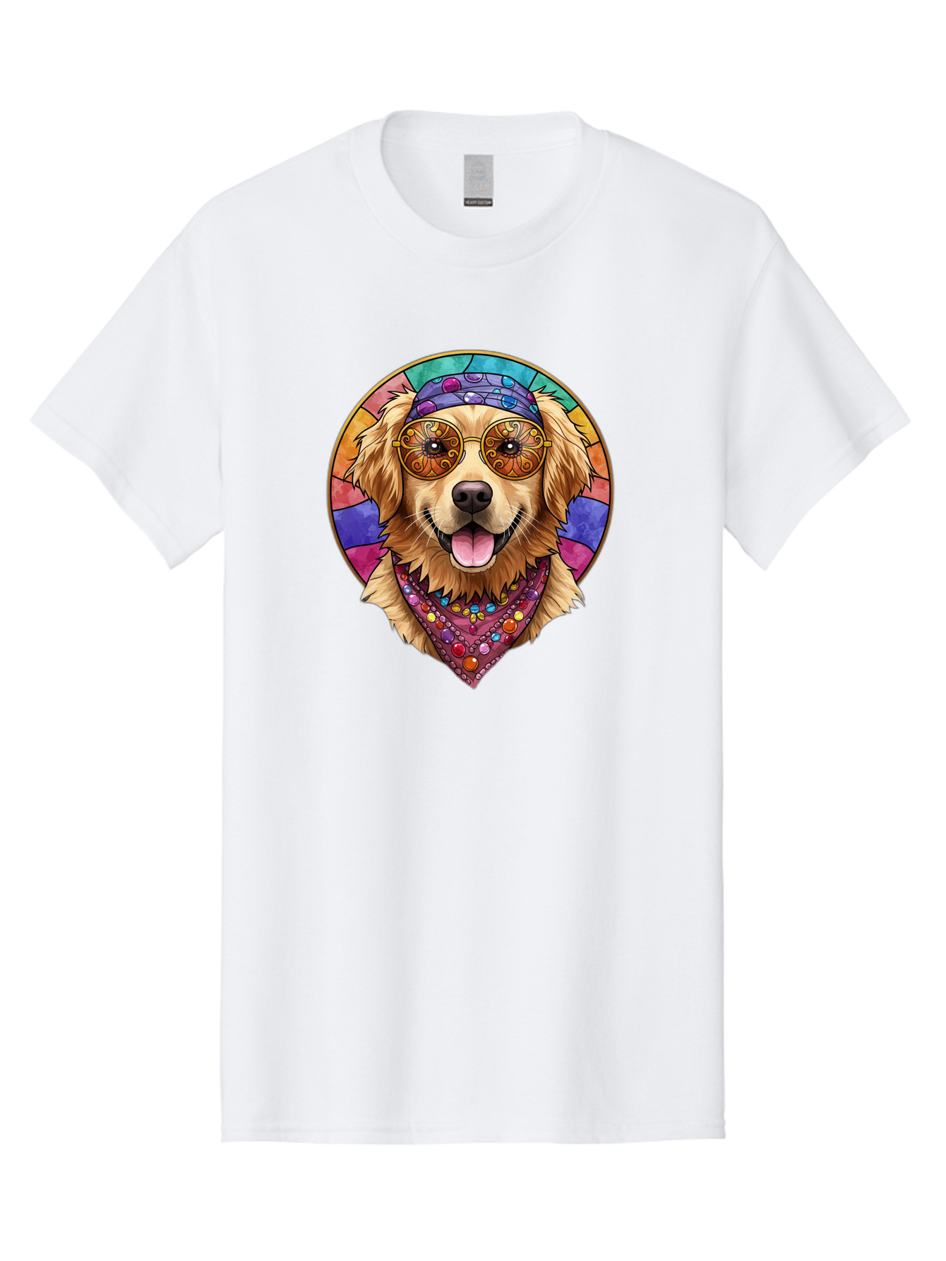 Golden-Retriever-Head Men'S Graphic Tee, 100% Cotton, Comfortable Casual Summer Wear, Machine Washable, Dog With Sunglasses, Psychedelic Art, Hippie Style, Colorful Design, Funky Illustration, Retro Vibe, Stained-Glass, Tie-Dye Effect, Bab986