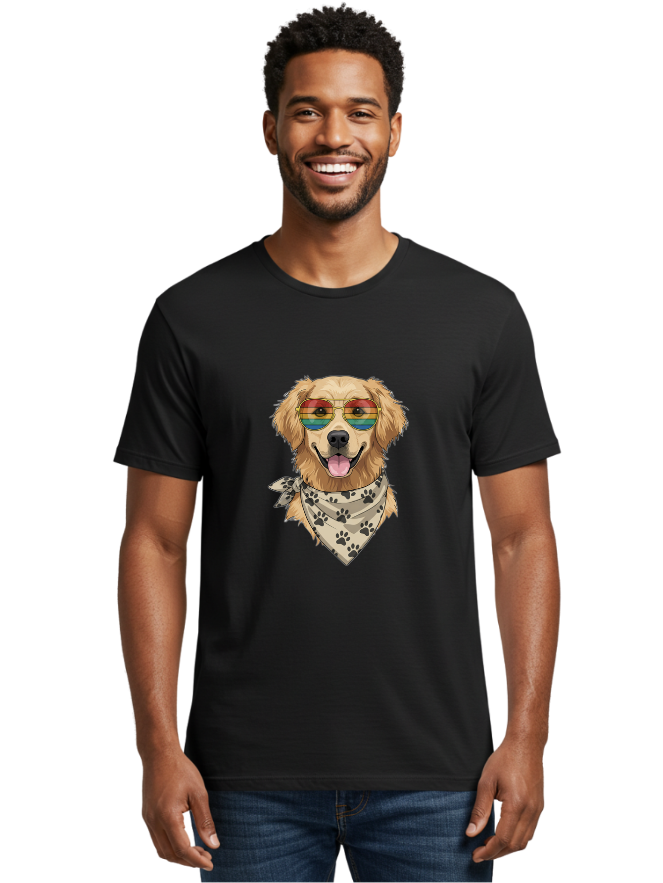 Golden-Retriever-Pride Men'S Graphic Tee, 100% Cotton, Comfortable Casual Summer Wear, Machine Washable, Golden Retriever Wearing Rainbow Sunglasses, Bandana With Paw Prints, Happy Dog, Pride Symbol, Fun Pet, Colorful Illustration, Bab987