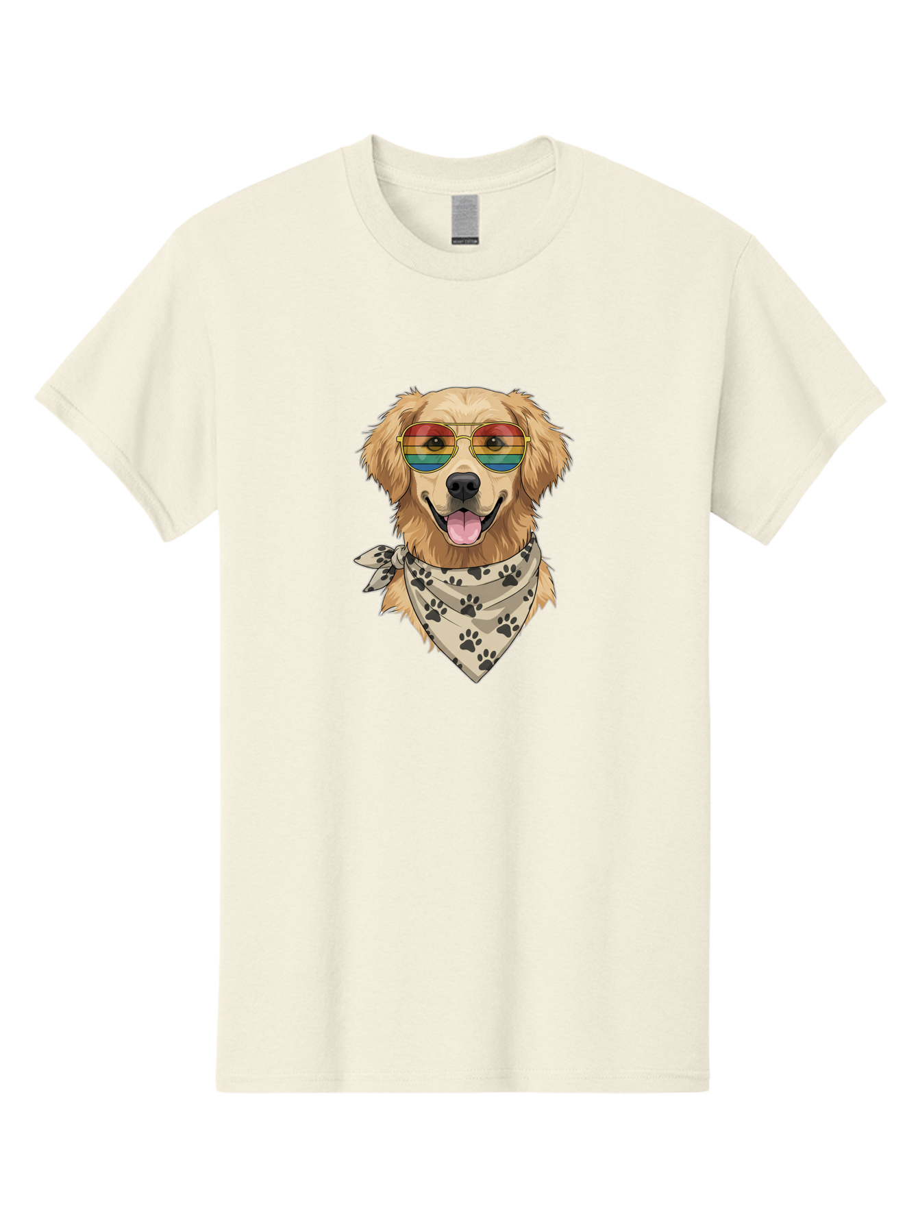 Golden-Retriever-Pride Men'S Graphic Tee, 100% Cotton, Comfortable Casual Summer Wear, Machine Washable, Golden Retriever Wearing Rainbow Sunglasses, Bandana With Paw Prints, Happy Dog, Pride Symbol, Fun Pet, Colorful Illustration, Bab987