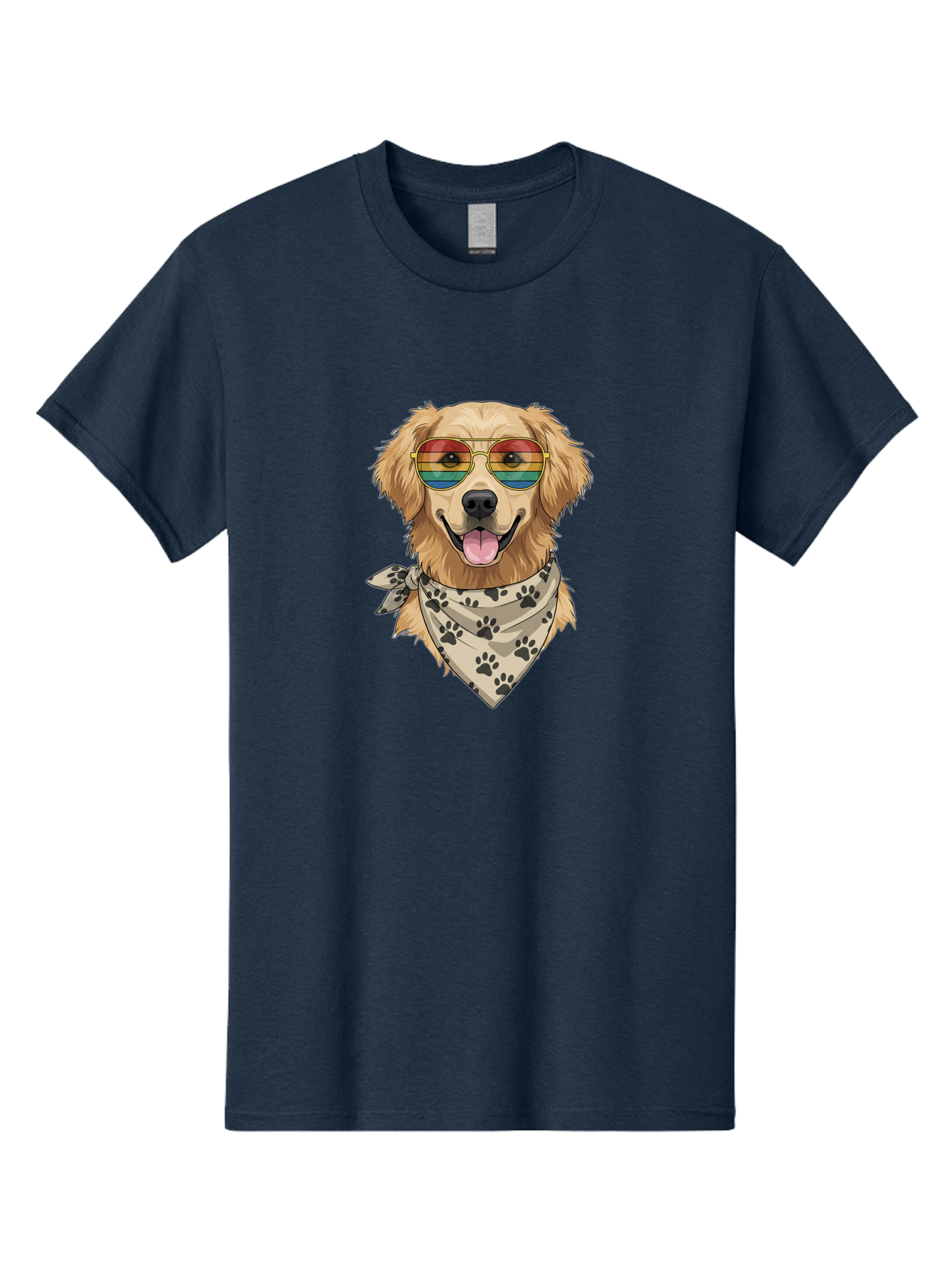 Golden-Retriever-Pride Men'S Graphic Tee, 100% Cotton, Comfortable Casual Summer Wear, Machine Washable, Golden Retriever Wearing Rainbow Sunglasses, Bandana With Paw Prints, Happy Dog, Pride Symbol, Fun Pet, Colorful Illustration, Bab987