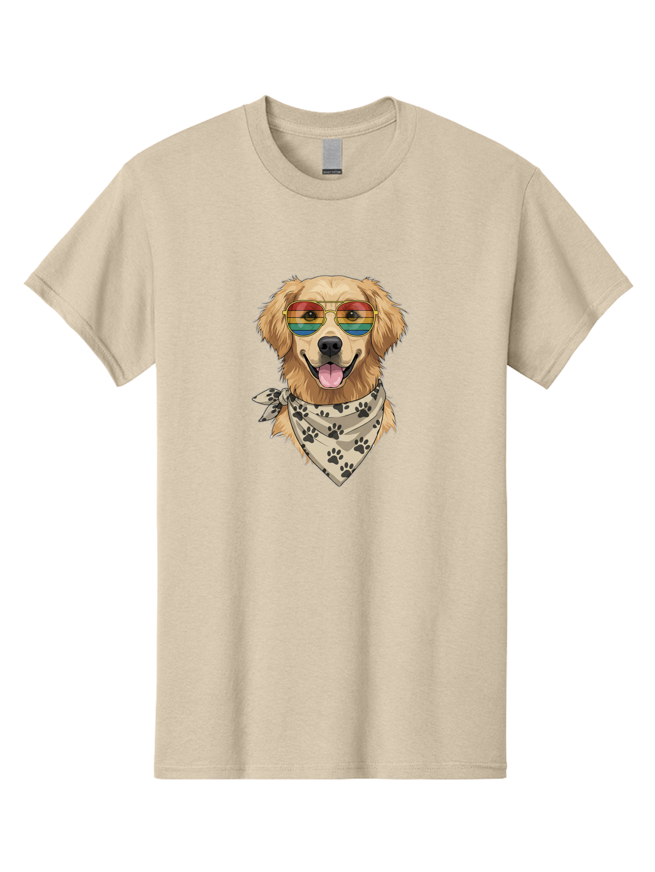 Golden-Retriever-Pride Men'S Graphic Tee, 100% Cotton, Comfortable Casual Summer Wear, Machine Washable, Golden Retriever Wearing Rainbow Sunglasses, Bandana With Paw Prints, Happy Dog, Pride Symbol, Fun Pet, Colorful Illustration, Bab987