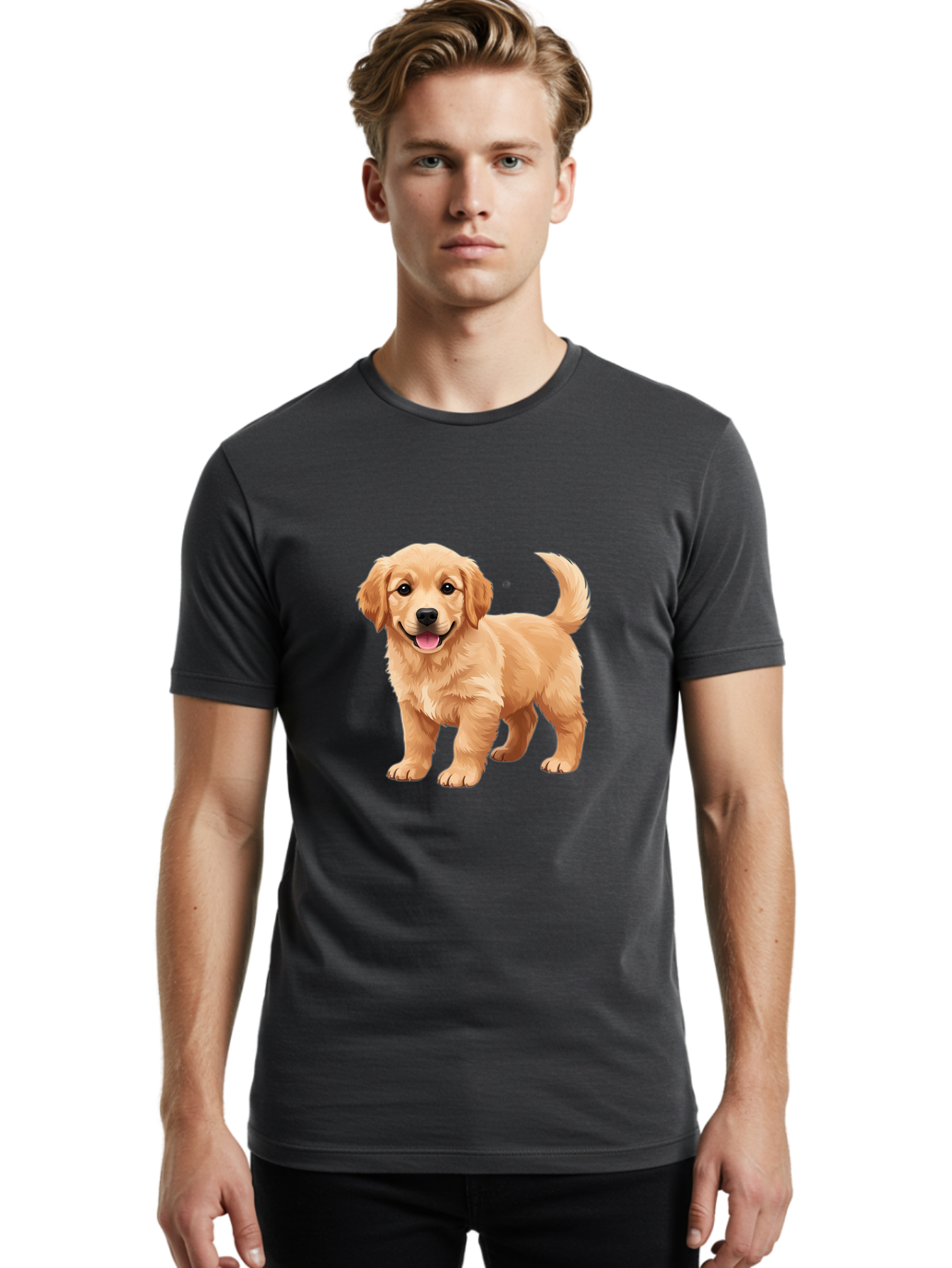 Golden-Retriever-Puppy-3 Men'S Graphic Tee, 100% Cotton, Comfortable Casual Summer Wear, Machine Washable, Golden Retriever Puppy, Dog Portrait, Playful Dog, Happy Puppy, Furry Friend, Dog'S Smile, Tail Wagging, Adorable Pet, Cartoon Dog, Bab990