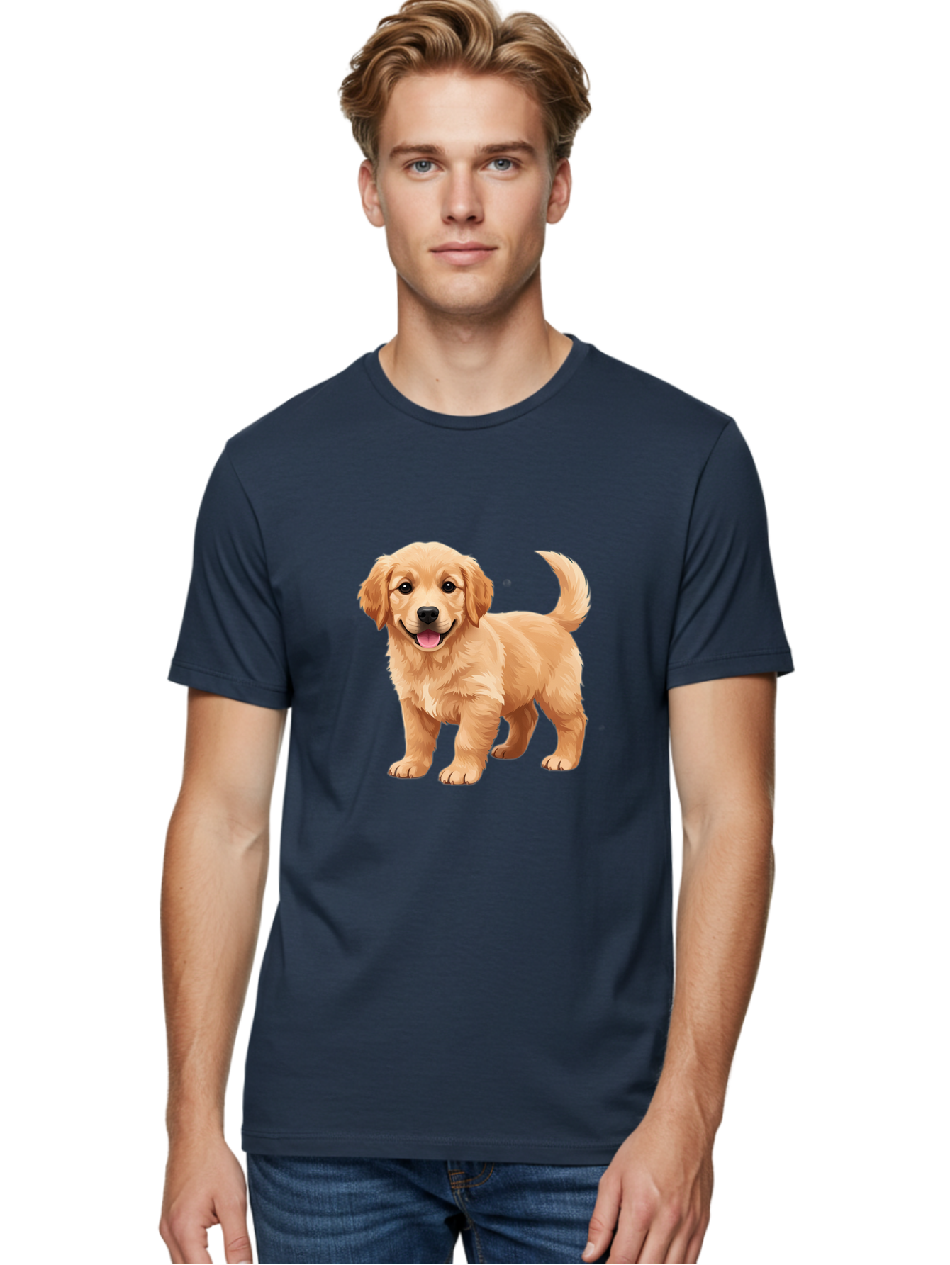 Golden-Retriever-Puppy-3 Men'S Graphic Tee, 100% Cotton, Comfortable Casual Summer Wear, Machine Washable, Golden Retriever Puppy, Dog Portrait, Playful Dog, Happy Puppy, Furry Friend, Dog'S Smile, Tail Wagging, Adorable Pet, Cartoon Dog, Bab990