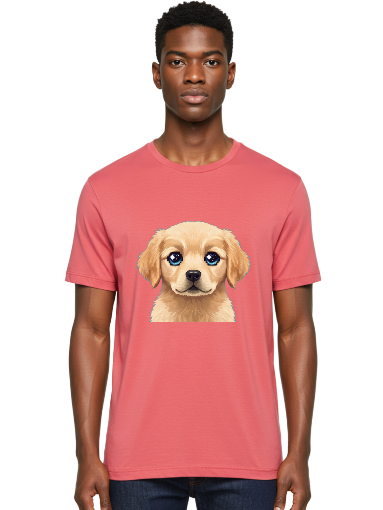 Golden-Retriever-Puppy-4 Men'S Graphic Tee, 100% Cotton, Comfortable Casual Summer Wear, Machine Washable, Golden Retriever Puppy, Cute Cartoon Dog, Big Blue Eyes, Galaxy Eyes, Sparkly Eyes, Fluffy Fur, Adorable Face, Sweet Puppy, Digital Art Bab991