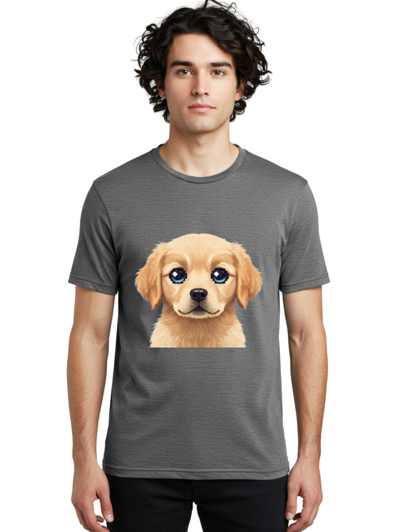 Golden-Retriever-Puppy-4 Men'S Graphic Tee, 100% Cotton, Comfortable Casual Summer Wear, Machine Washable, Golden Retriever Puppy, Cute Cartoon Dog, Big Blue Eyes, Galaxy Eyes, Sparkly Eyes, Fluffy Fur, Adorable Face, Sweet Puppy, Digital Art Bab991