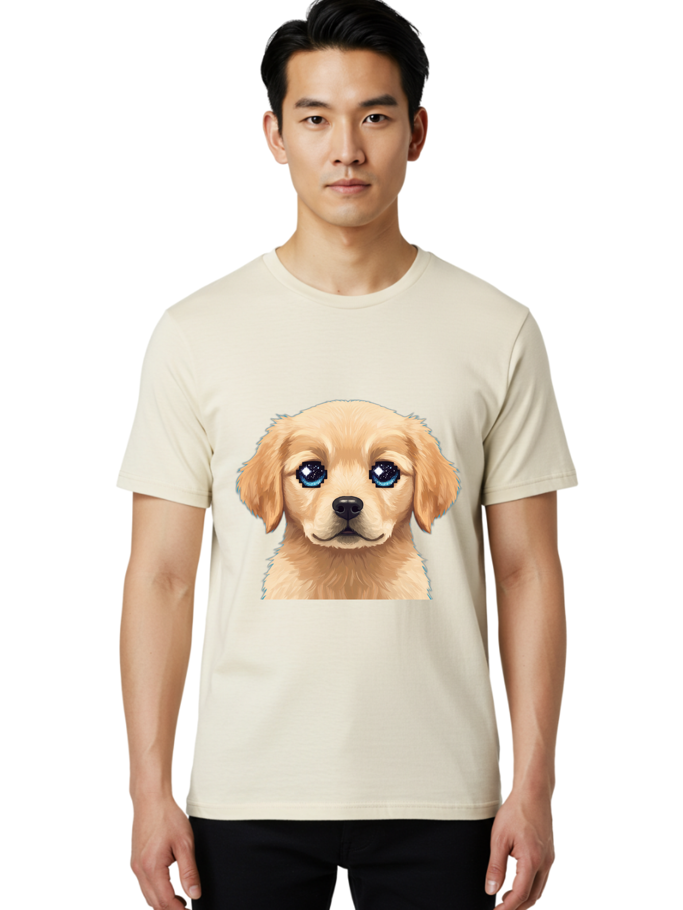 Golden-Retriever-Puppy-4 Men'S Graphic Tee, 100% Cotton, Comfortable Casual Summer Wear, Machine Washable, Golden Retriever Puppy, Cute Cartoon Dog, Big Blue Eyes, Galaxy Eyes, Sparkly Eyes, Fluffy Fur, Adorable Face, Sweet Puppy, Digital Art Bab991