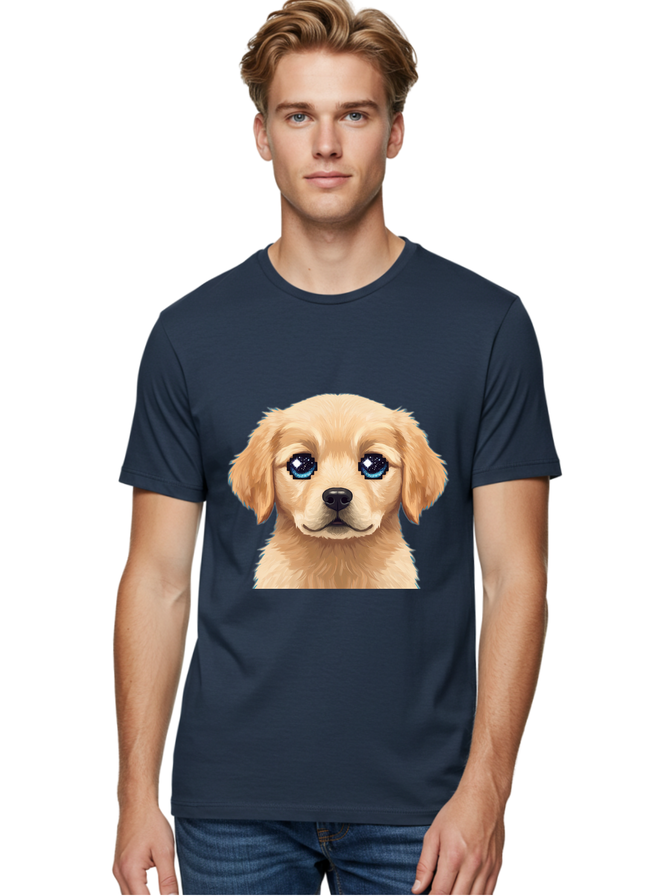 Golden-Retriever-Puppy-4 Men'S Graphic Tee, 100% Cotton, Comfortable Casual Summer Wear, Machine Washable, Golden Retriever Puppy, Cute Cartoon Dog, Big Blue Eyes, Galaxy Eyes, Sparkly Eyes, Fluffy Fur, Adorable Face, Sweet Puppy, Digital Art Bab991