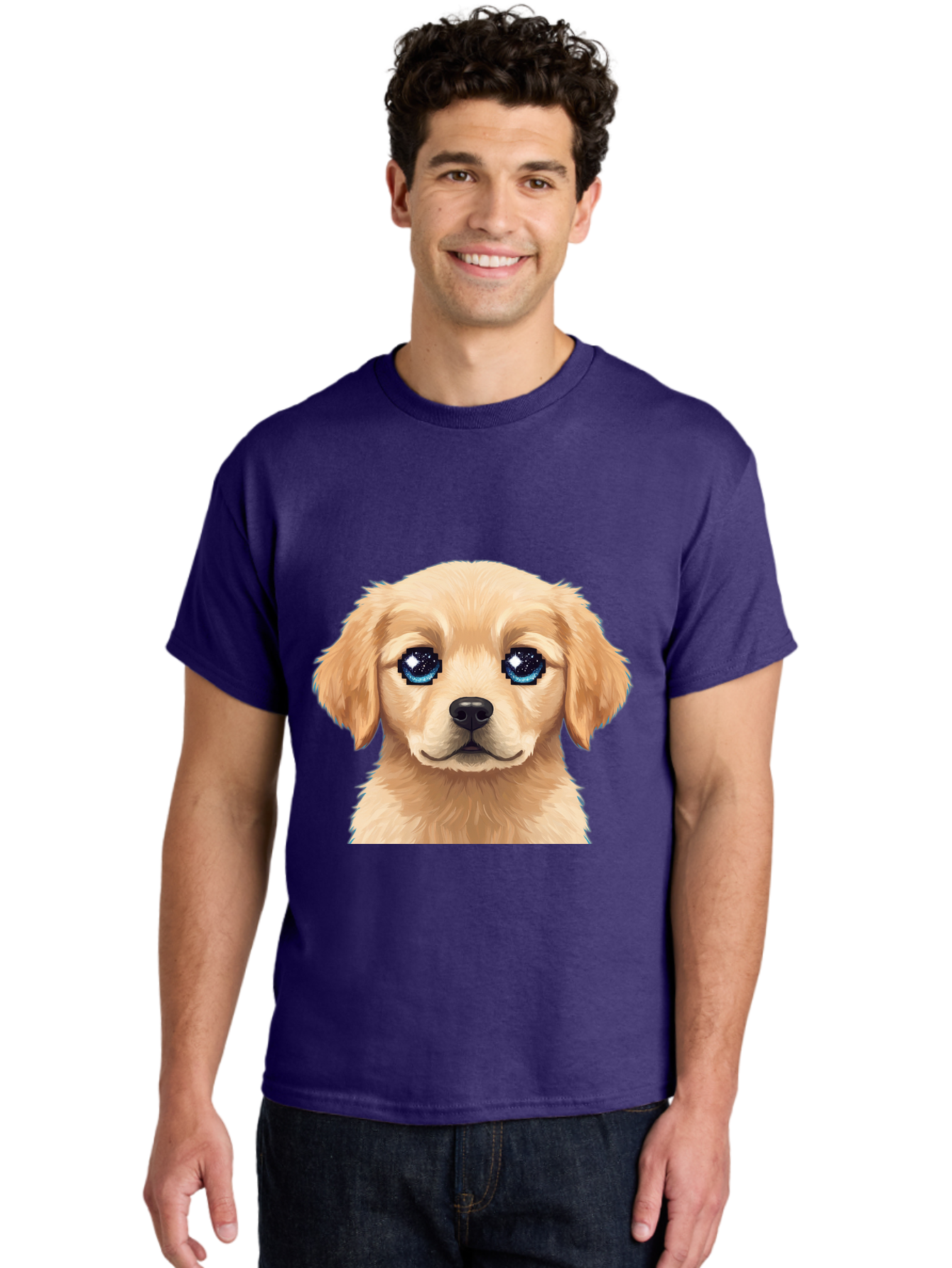 Golden-Retriever-Puppy-4 Men'S Graphic Tee, 100% Cotton, Comfortable Casual Summer Wear, Machine Washable, Golden Retriever Puppy, Cute Cartoon Dog, Big Blue Eyes, Galaxy Eyes, Sparkly Eyes, Fluffy Fur, Adorable Face, Sweet Puppy, Digital Art Bab991