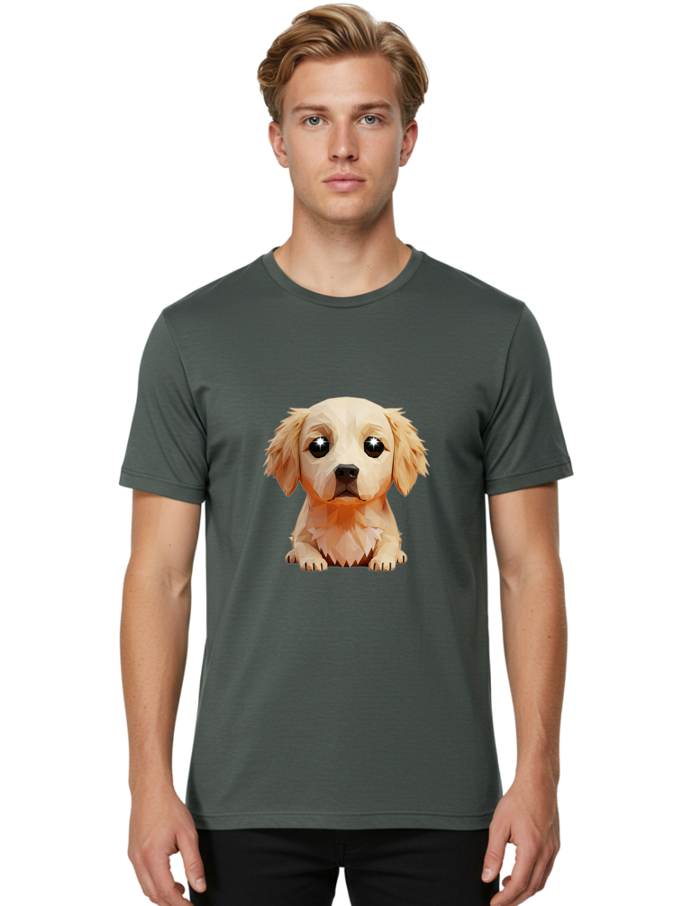 Golden-Retriever-Puppy-5 Men'S Graphic Tee, 100% Cotton, Comfortable Casual Summer Wear, Machine Washable, Low-Poly Puppy Art, Puppy With Shiny Eyes, 3D Geometric Dog, Cute Puppy, Adorable Puppy Graphics, Puppy Illustration, Modern Art, Bab992
