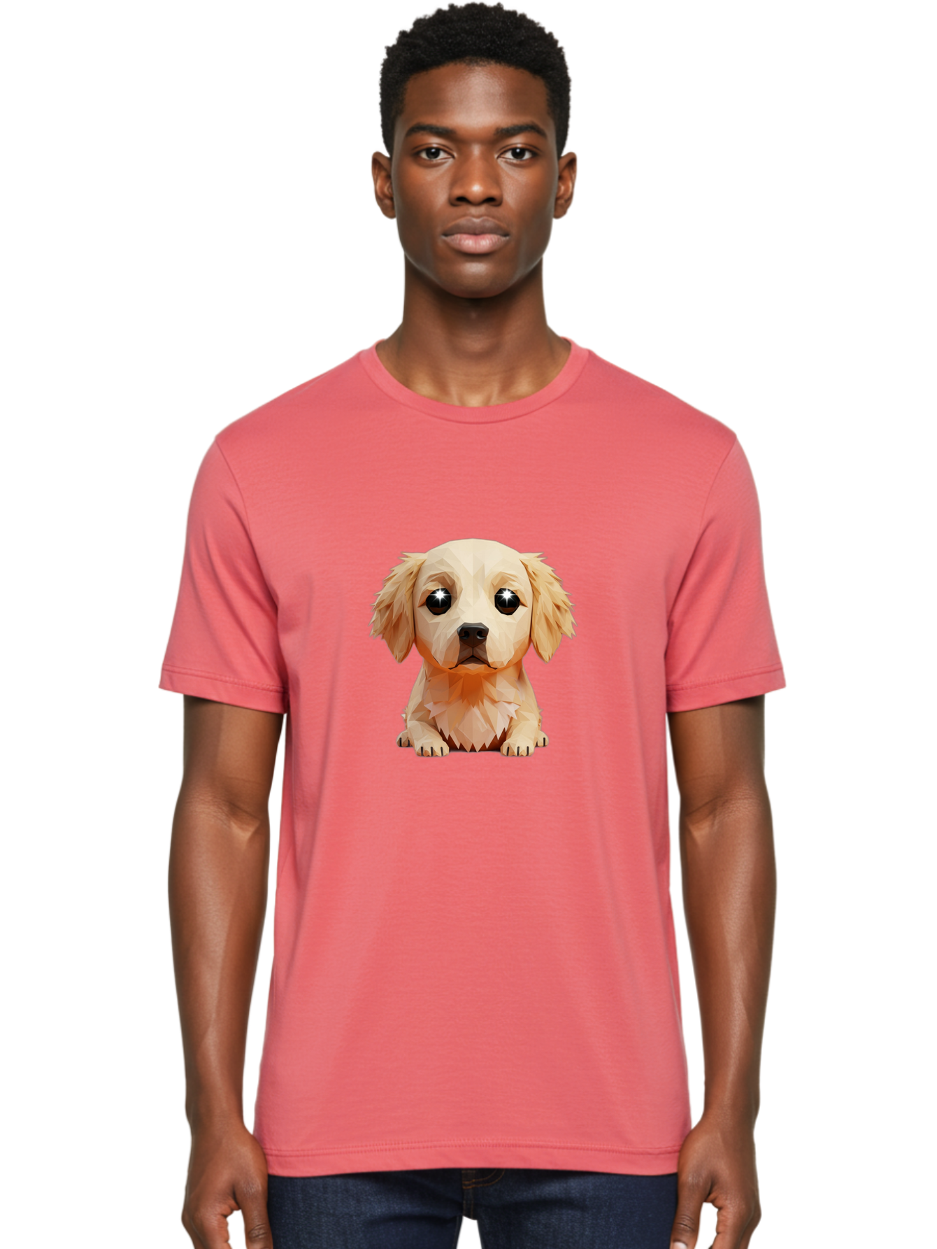 Golden-Retriever-Puppy-5 Men'S Graphic Tee, 100% Cotton, Comfortable Casual Summer Wear, Machine Washable, Low-Poly Puppy Art, Puppy With Shiny Eyes, 3D Geometric Dog, Cute Puppy, Adorable Puppy Graphics, Puppy Illustration, Modern Art, Bab992