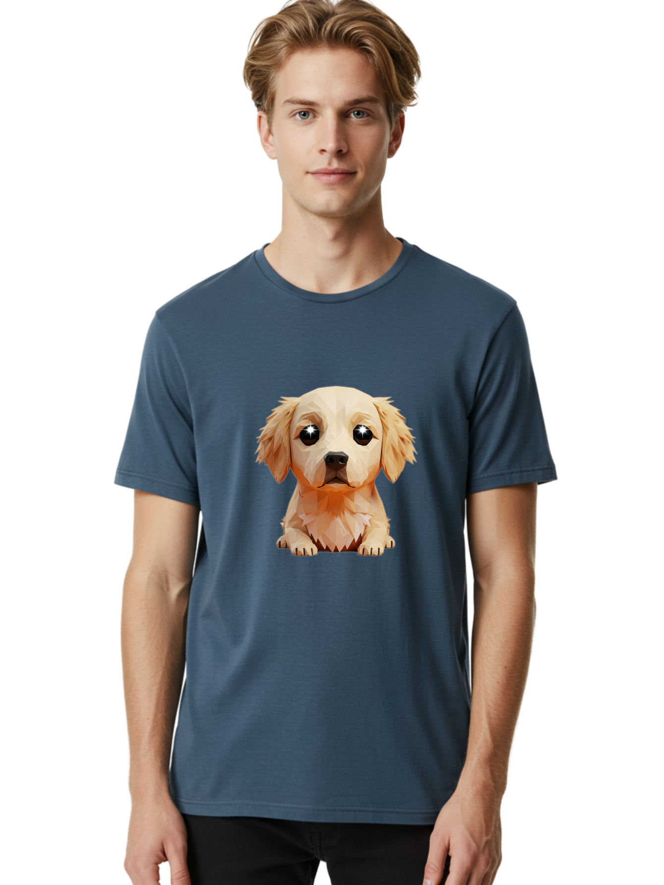 Golden-Retriever-Puppy-5 Men'S Graphic Tee, 100% Cotton, Comfortable Casual Summer Wear, Machine Washable, Low-Poly Puppy Art, Puppy With Shiny Eyes, 3D Geometric Dog, Cute Puppy, Adorable Puppy Graphics, Puppy Illustration, Modern Art, Bab992