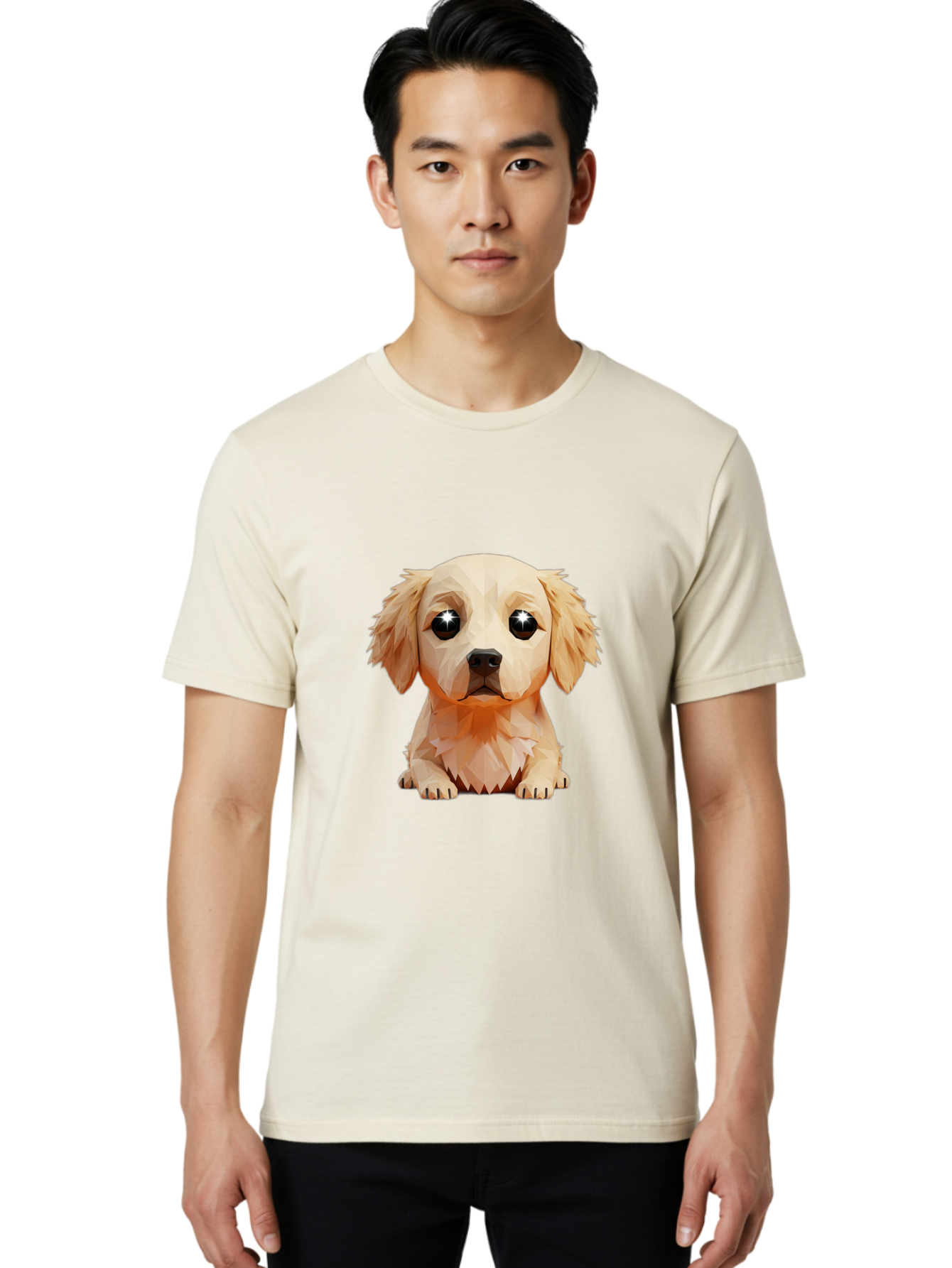 Golden-Retriever-Puppy-5 Men'S Graphic Tee, 100% Cotton, Comfortable Casual Summer Wear, Machine Washable, Low-Poly Puppy Art, Puppy With Shiny Eyes, 3D Geometric Dog, Cute Puppy, Adorable Puppy Graphics, Puppy Illustration, Modern Art, Bab992