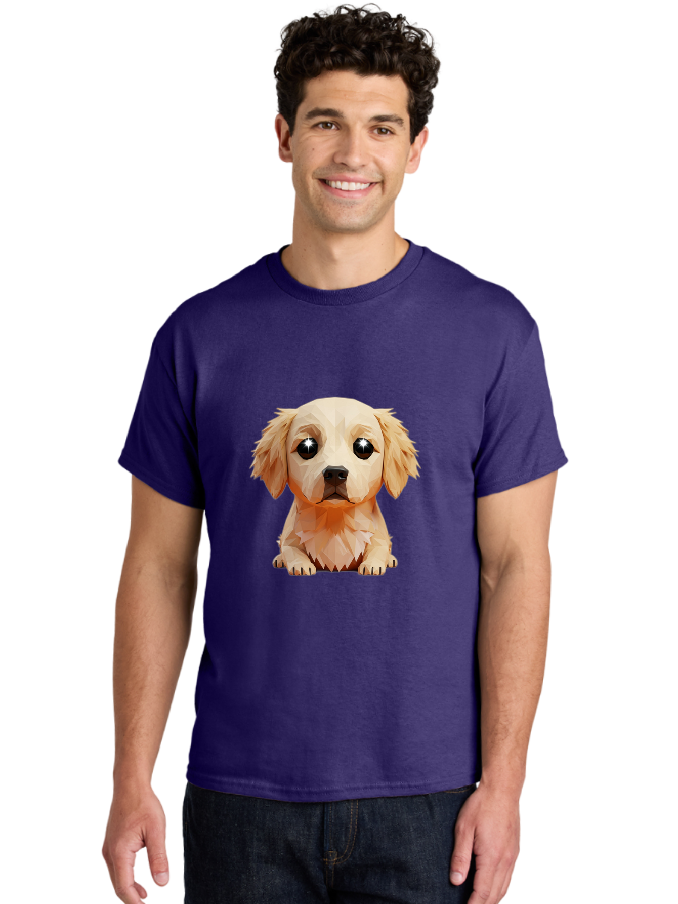Golden-Retriever-Puppy-5 Men'S Graphic Tee, 100% Cotton, Comfortable Casual Summer Wear, Machine Washable, Low-Poly Puppy Art, Puppy With Shiny Eyes, 3D Geometric Dog, Cute Puppy, Adorable Puppy Graphics, Puppy Illustration, Modern Art, Bab992