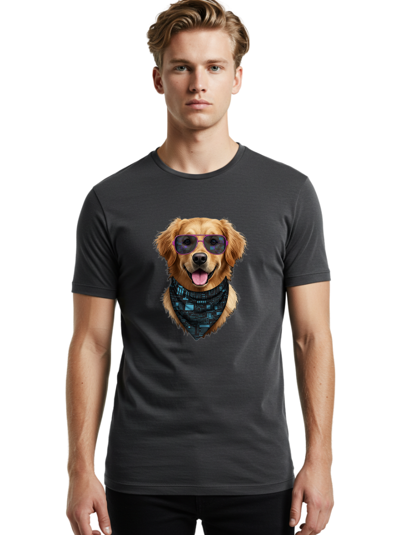 Golden-Retriever-Sunglasses Men'S Graphic Tee, 100% Cotton, Comfortable Casual Summer Wear, Machine Washable, Golden Retriever Dog, Trendy Sunglasses, Tech-Inspired Bandana, Streetwear Style, Cool Canine, Futuristic Fashion, Bab996