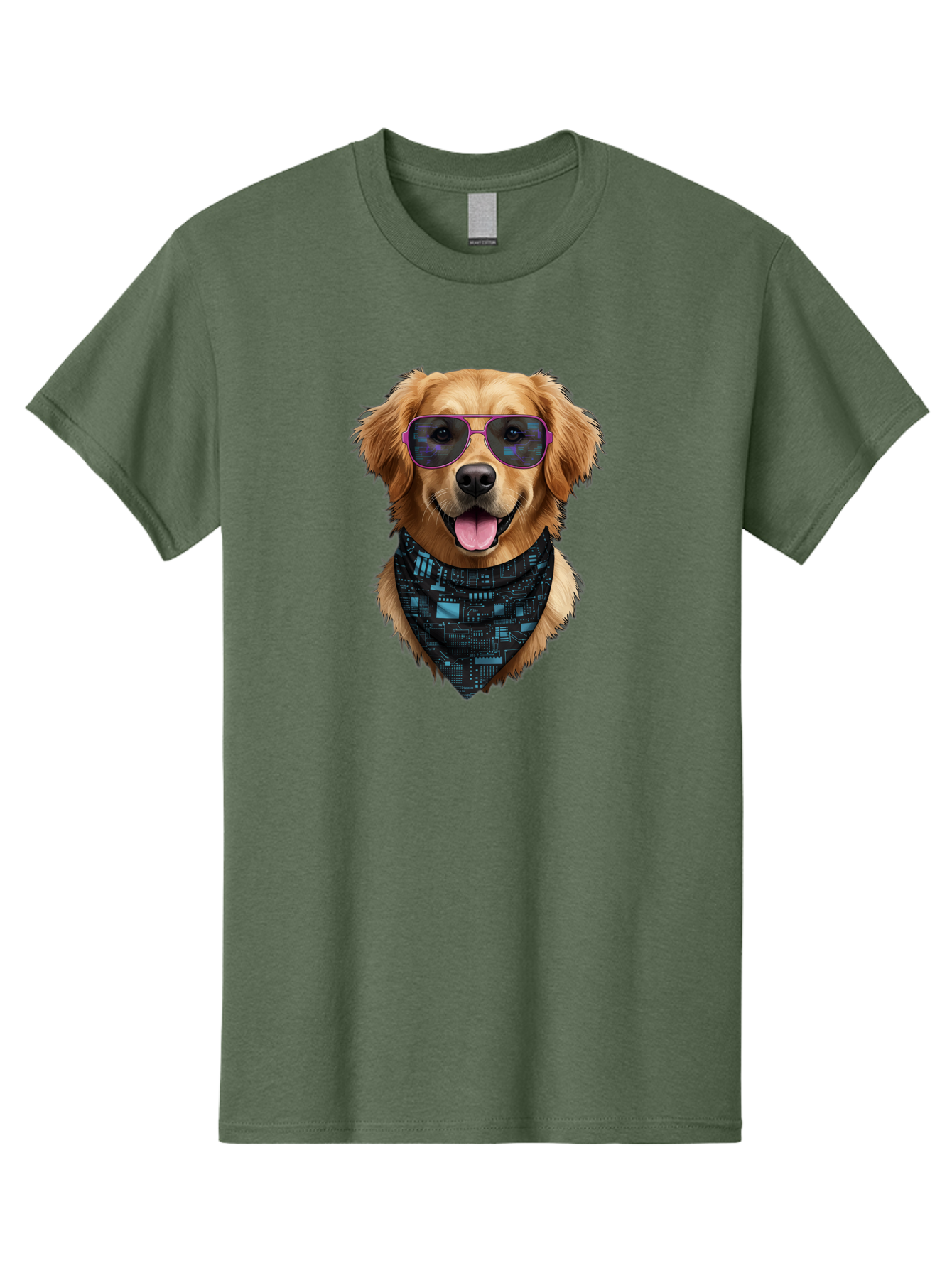 Golden-Retriever-Sunglasses Men'S Graphic Tee, 100% Cotton, Comfortable Casual Summer Wear, Machine Washable, Golden Retriever Dog, Trendy Sunglasses, Tech-Inspired Bandana, Streetwear Style, Cool Canine, Futuristic Fashion, Bab996