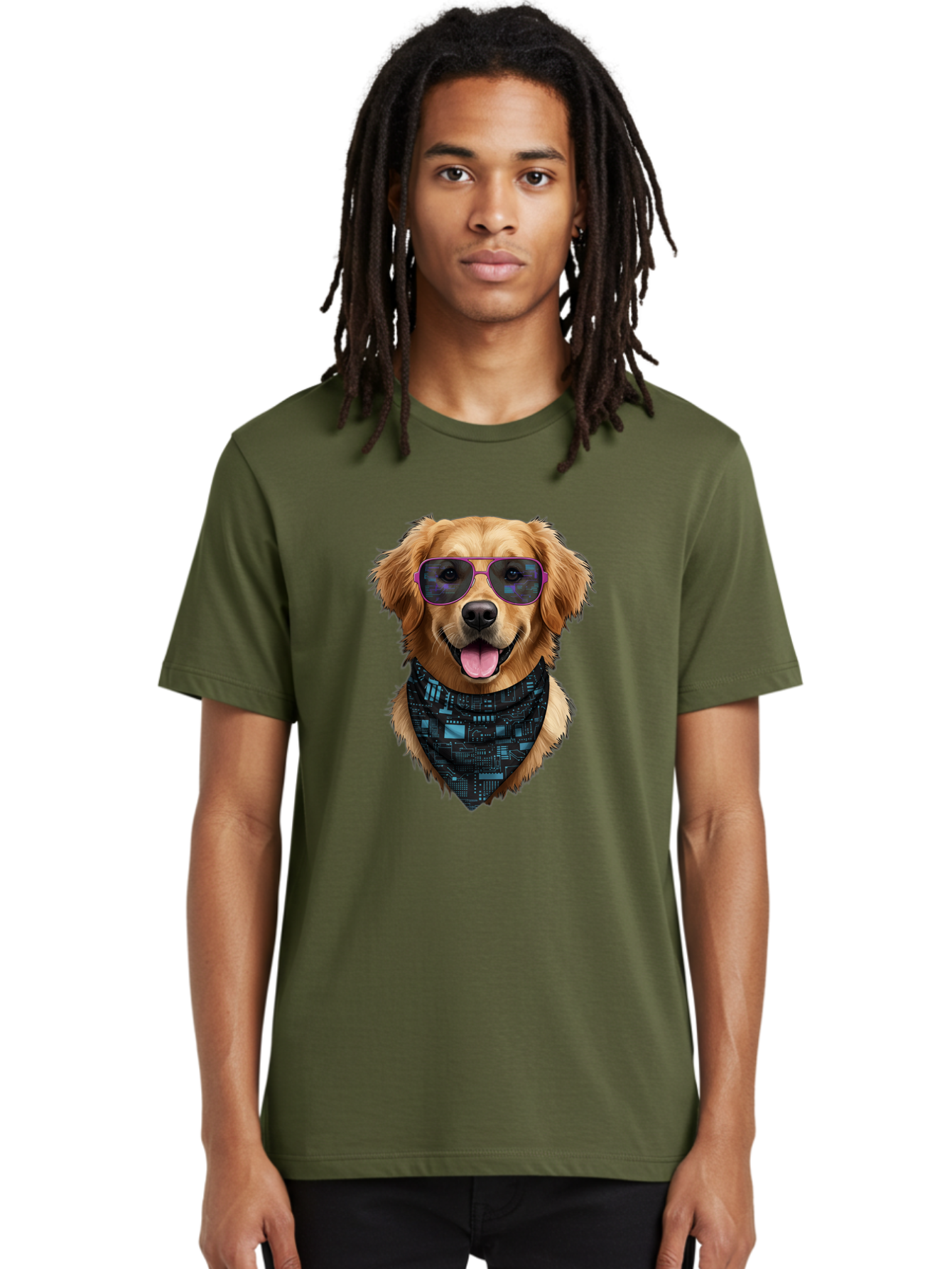 Golden-Retriever-Sunglasses Men'S Graphic Tee, 100% Cotton, Comfortable Casual Summer Wear, Machine Washable, Golden Retriever Dog, Trendy Sunglasses, Tech-Inspired Bandana, Streetwear Style, Cool Canine, Futuristic Fashion, Bab996