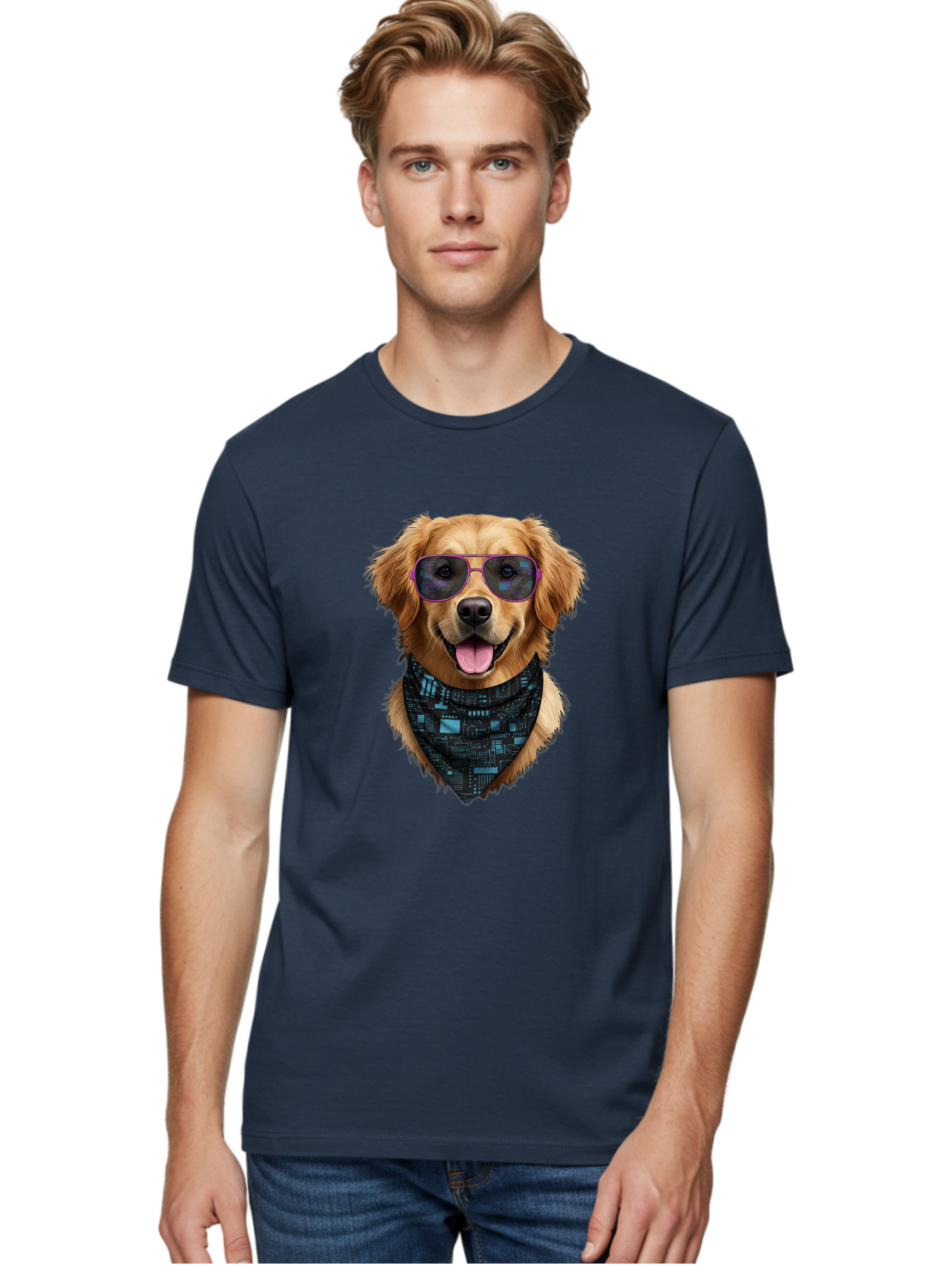 Golden-Retriever-Sunglasses Men'S Graphic Tee, 100% Cotton, Comfortable Casual Summer Wear, Machine Washable, Golden Retriever Dog, Trendy Sunglasses, Tech-Inspired Bandana, Streetwear Style, Cool Canine, Futuristic Fashion, Bab996
