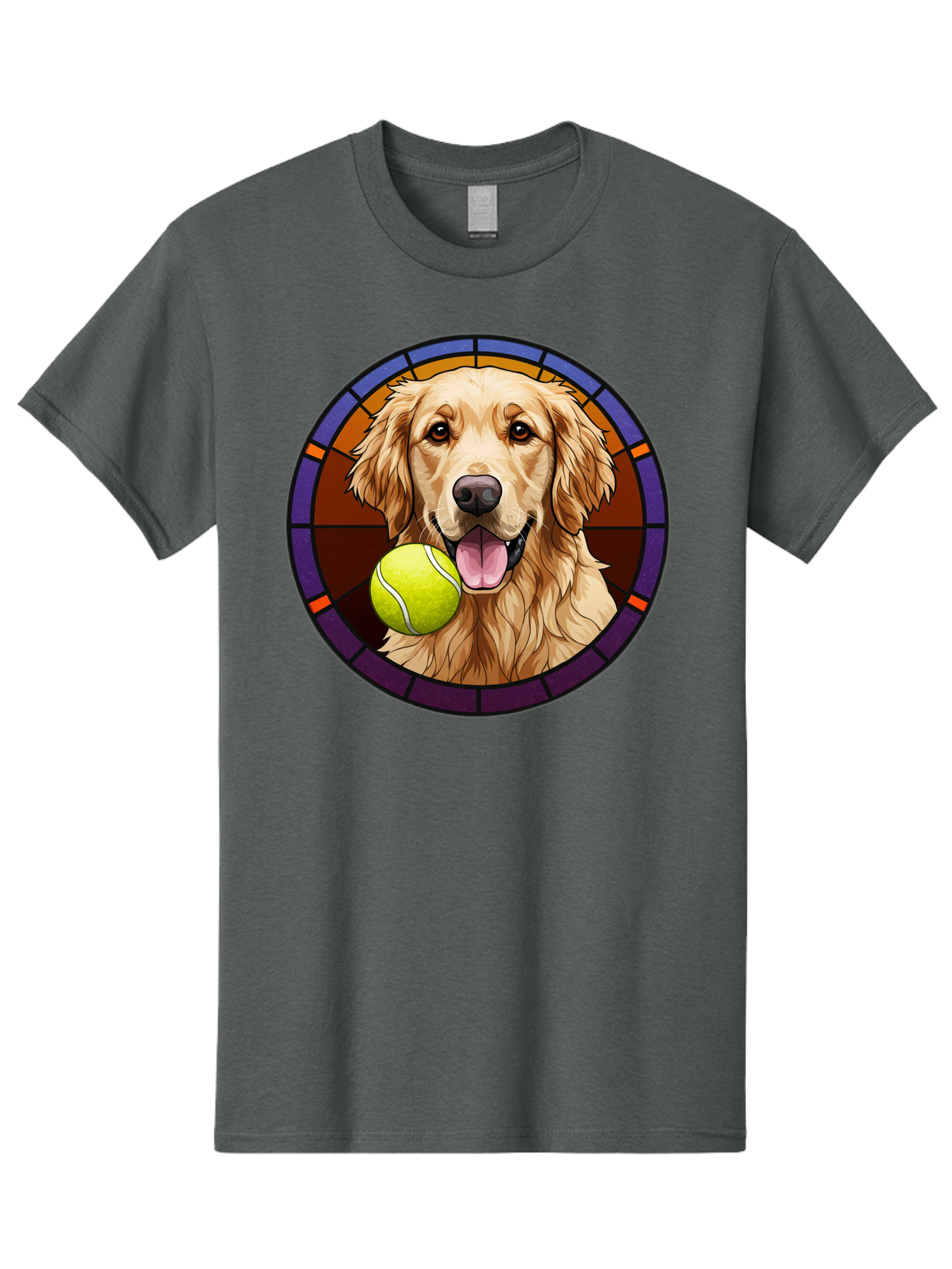 Golden-Retriever-Tennis-Ball-1 Men'S Graphic Tee, 100% Cotton, Comfortable Casual Summer Wear, Machine Washable, Golden Retriever, Tennis Ball, Stained Glass Art, Playful Dog, Fetching Fun, Happy Pet, Dog Lover, Cute Canine Bab997