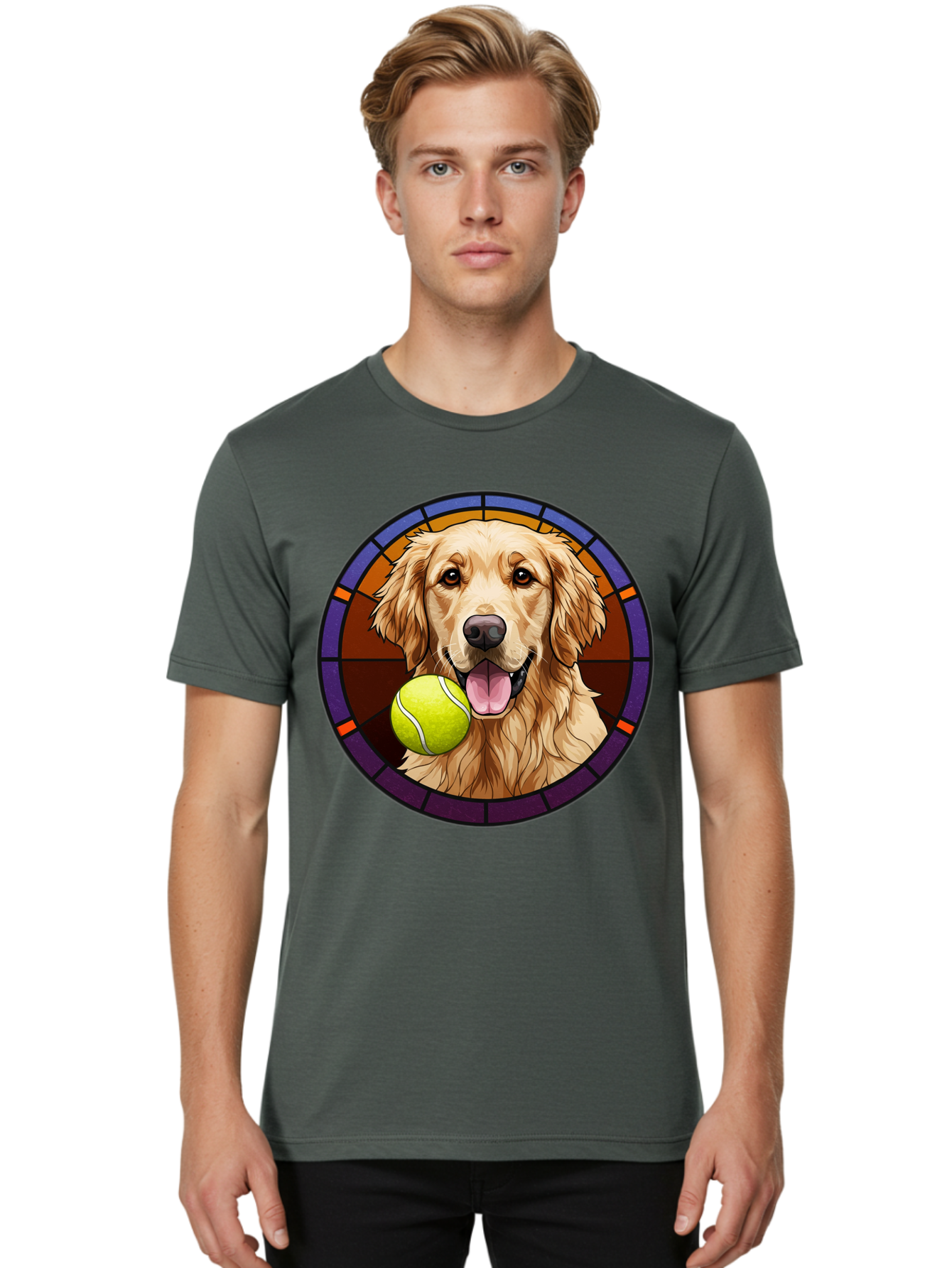 Golden-Retriever-Tennis-Ball-1 Men'S Graphic Tee, 100% Cotton, Comfortable Casual Summer Wear, Machine Washable, Golden Retriever, Tennis Ball, Stained Glass Art, Playful Dog, Fetching Fun, Happy Pet, Dog Lover, Cute Canine Bab997