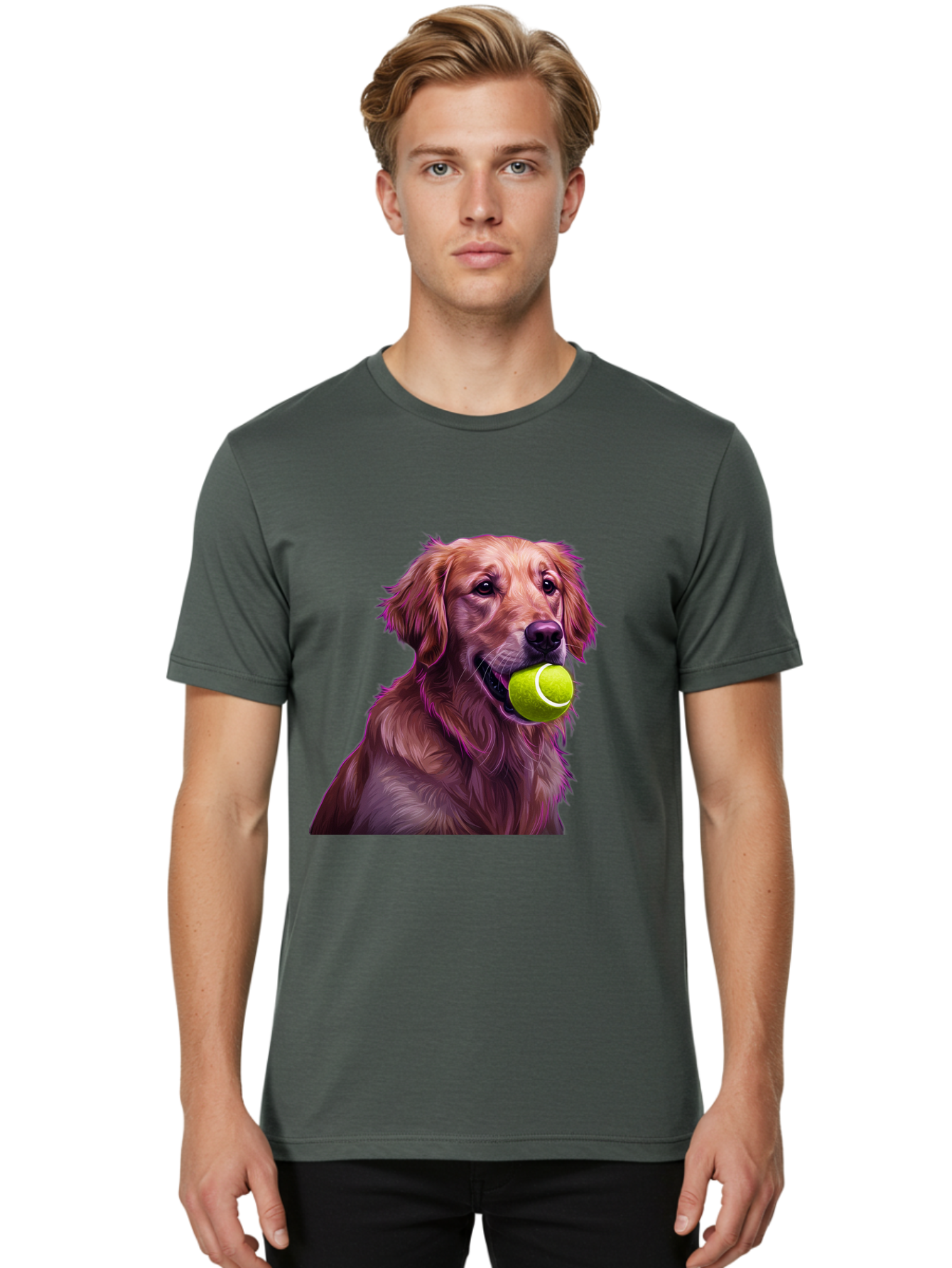 Golden-Retriever-Tennis-Ball Men'S Graphic Tee, 100% Cotton, Comfortable Casual Summer Wear, Machine Washable, Golden Retriever, Dog Holding Tennis Ball, Playful Dog, Tennis Ball In Mouth, Furry Friend, Happy Dog, Canine Companion, Fun Pet Bab998