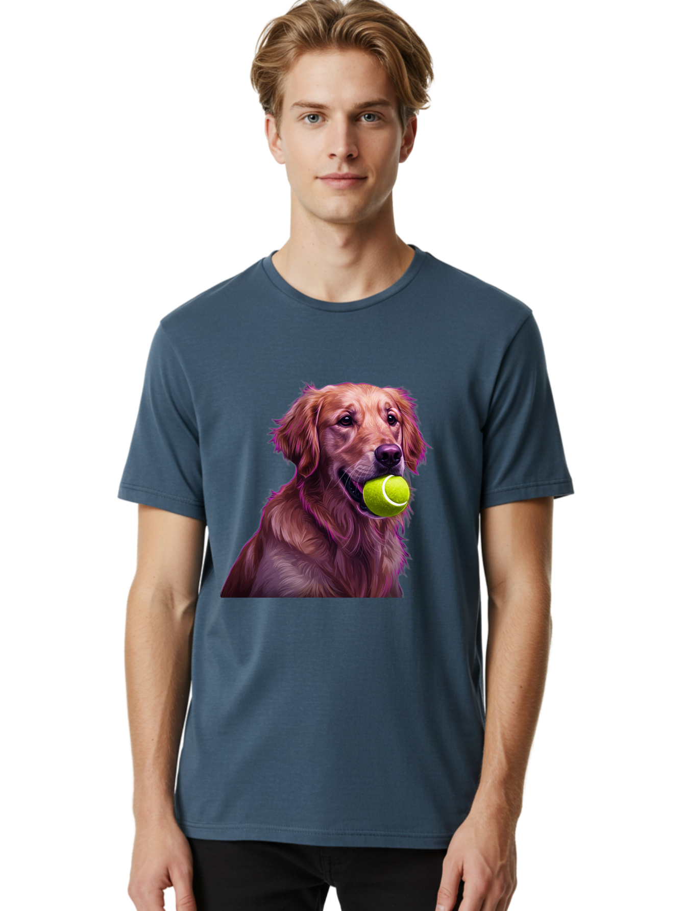 Golden-Retriever-Tennis-Ball Men'S Graphic Tee, 100% Cotton, Comfortable Casual Summer Wear, Machine Washable, Golden Retriever, Dog Holding Tennis Ball, Playful Dog, Tennis Ball In Mouth, Furry Friend, Happy Dog, Canine Companion, Fun Pet Bab998