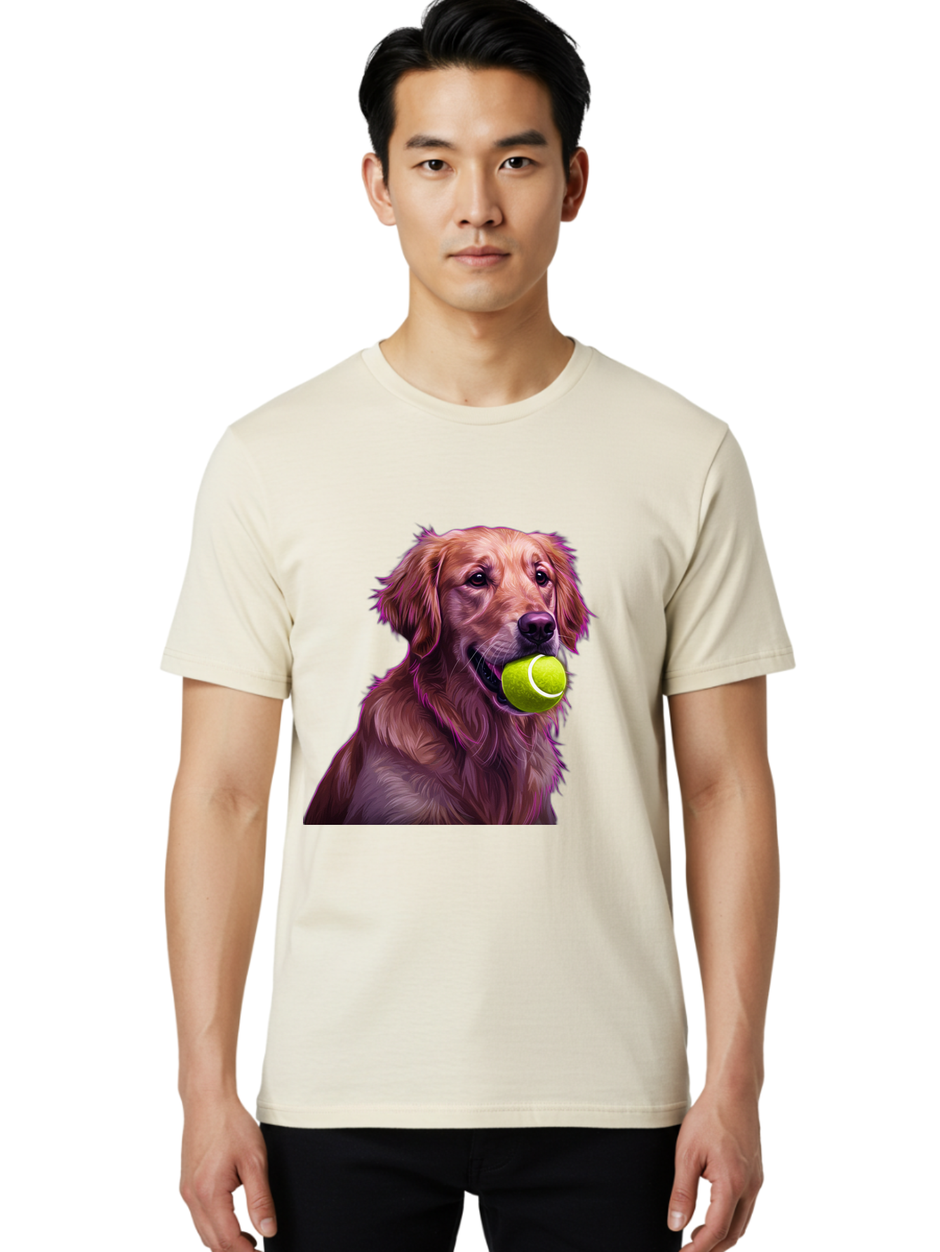Golden-Retriever-Tennis-Ball Men'S Graphic Tee, 100% Cotton, Comfortable Casual Summer Wear, Machine Washable, Golden Retriever, Dog Holding Tennis Ball, Playful Dog, Tennis Ball In Mouth, Furry Friend, Happy Dog, Canine Companion, Fun Pet Bab998