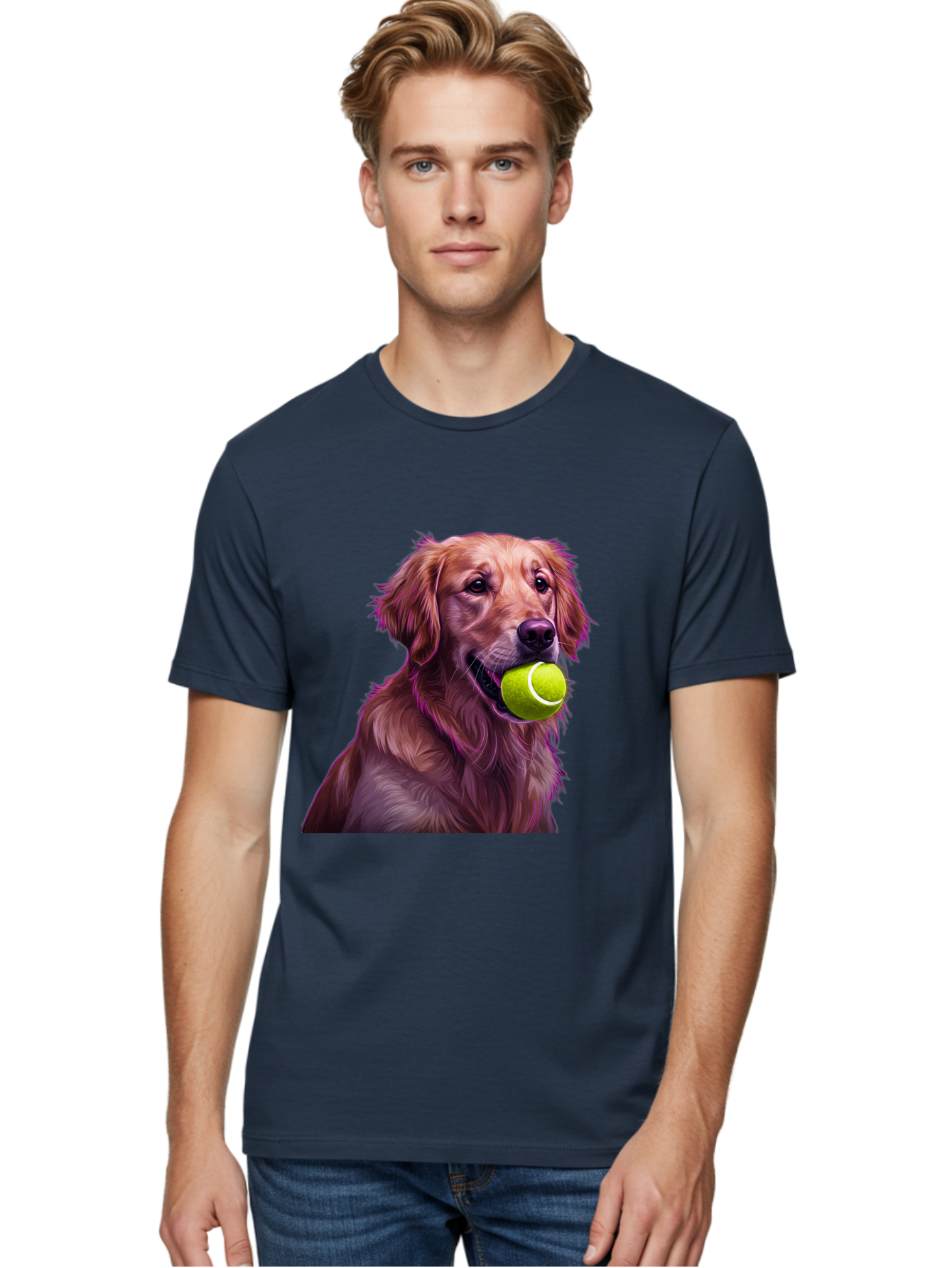 Golden-Retriever-Tennis-Ball Men'S Graphic Tee, 100% Cotton, Comfortable Casual Summer Wear, Machine Washable, Golden Retriever, Dog Holding Tennis Ball, Playful Dog, Tennis Ball In Mouth, Furry Friend, Happy Dog, Canine Companion, Fun Pet Bab998
