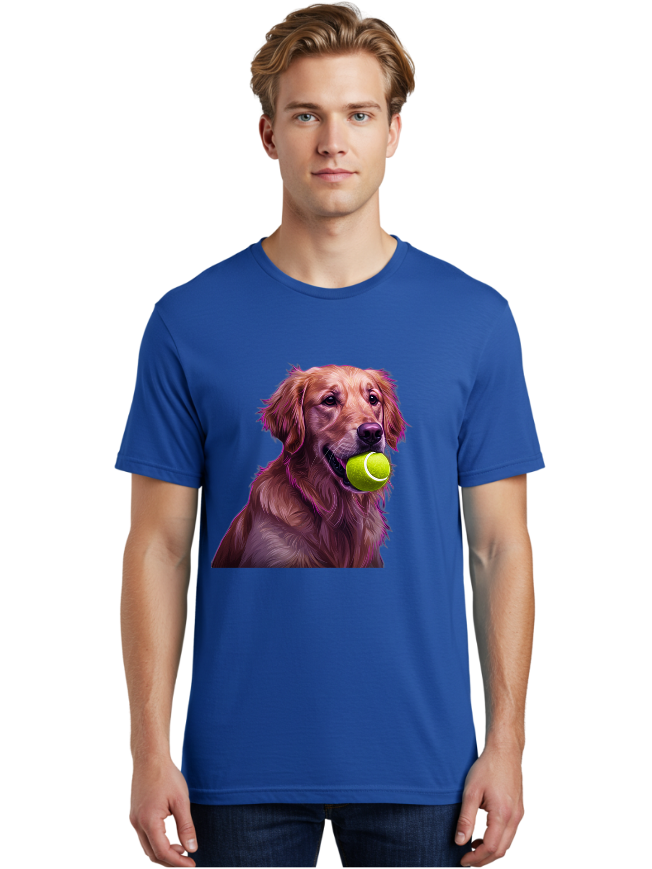 Golden-Retriever-Tennis-Ball Men'S Graphic Tee, 100% Cotton, Comfortable Casual Summer Wear, Machine Washable, Golden Retriever, Dog Holding Tennis Ball, Playful Dog, Tennis Ball In Mouth, Furry Friend, Happy Dog, Canine Companion, Fun Pet Bab998