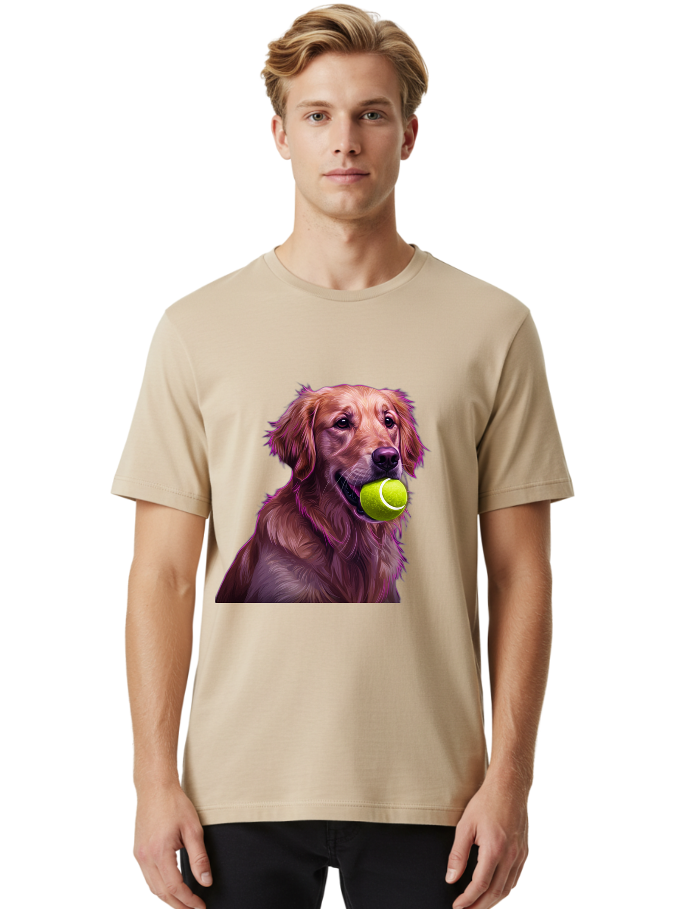 Golden-Retriever-Tennis-Ball Men'S Graphic Tee, 100% Cotton, Comfortable Casual Summer Wear, Machine Washable, Golden Retriever, Dog Holding Tennis Ball, Playful Dog, Tennis Ball In Mouth, Furry Friend, Happy Dog, Canine Companion, Fun Pet Bab998