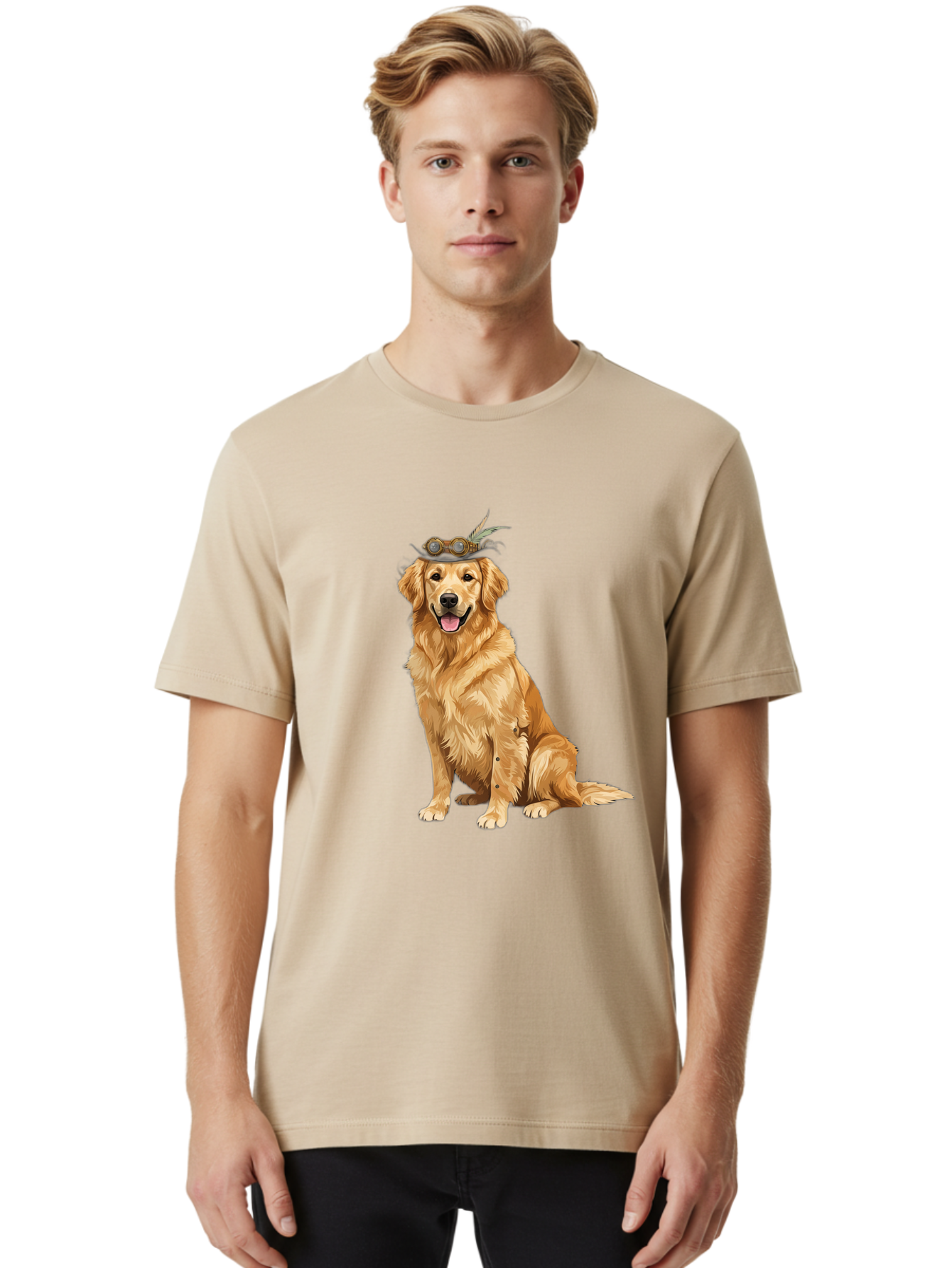 Golden-Retriever-With-Flower-Crown Men'S Graphic Tee, 100% Cotton, Comfortable Casual Summer Wear, Machine Washable, Golden Retriever Wearing Crown, Dog With Accessories, Floral Headpiece, Festive Dog, Pet Portrait, Playful Canine, Bab999