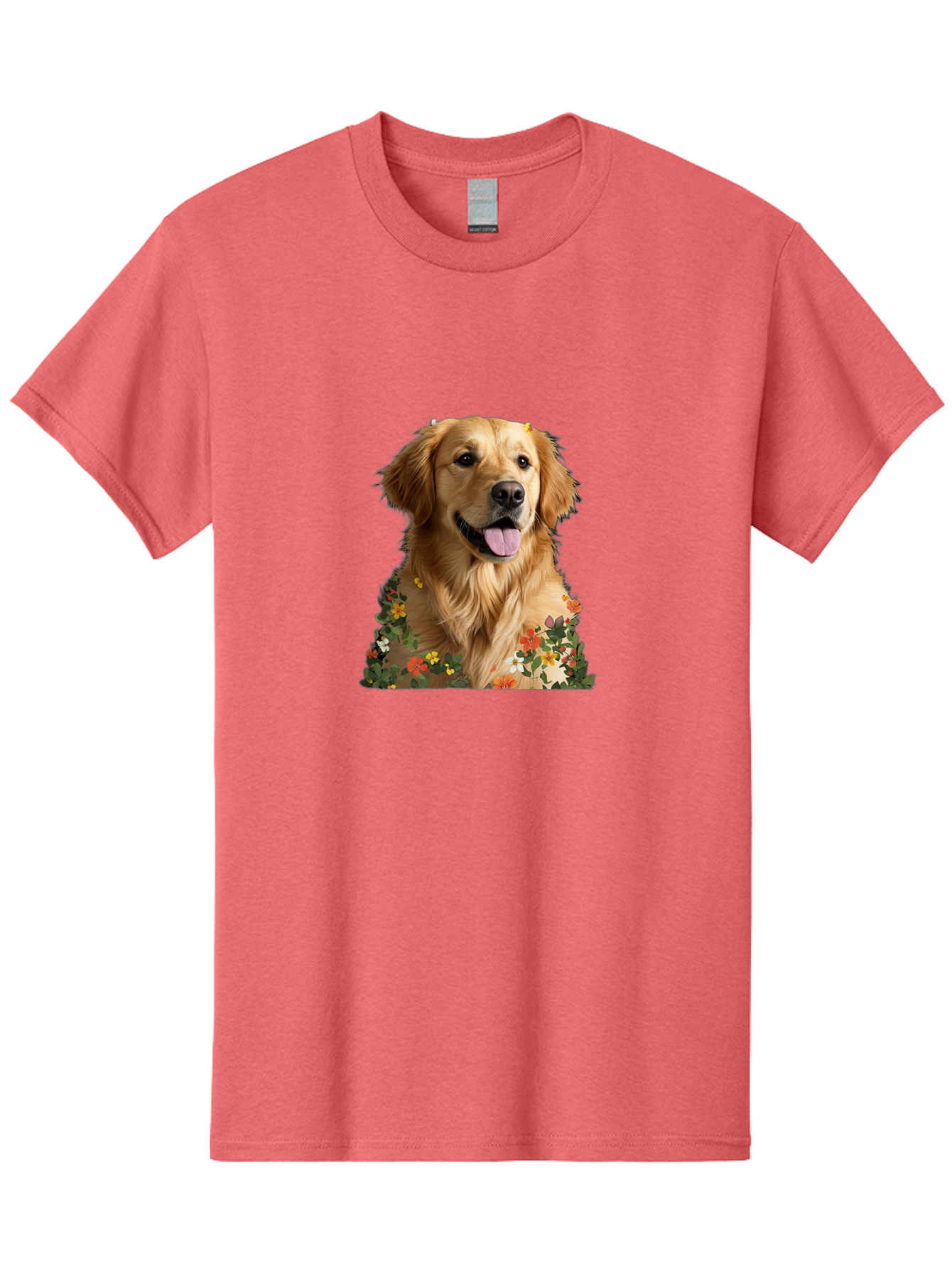 Golden-Retriever-With-Flowers-1 Men'S Graphic Tee, 100% Cotton, Comfortable Casual Summer Wear, Machine Washable, Golden Retriever Dog, Floral Pattern, Vibrant Flowers, Colorful Blooms, Happy Dog, Friendly Pet, Floral Design, Golden Fur, Bac000