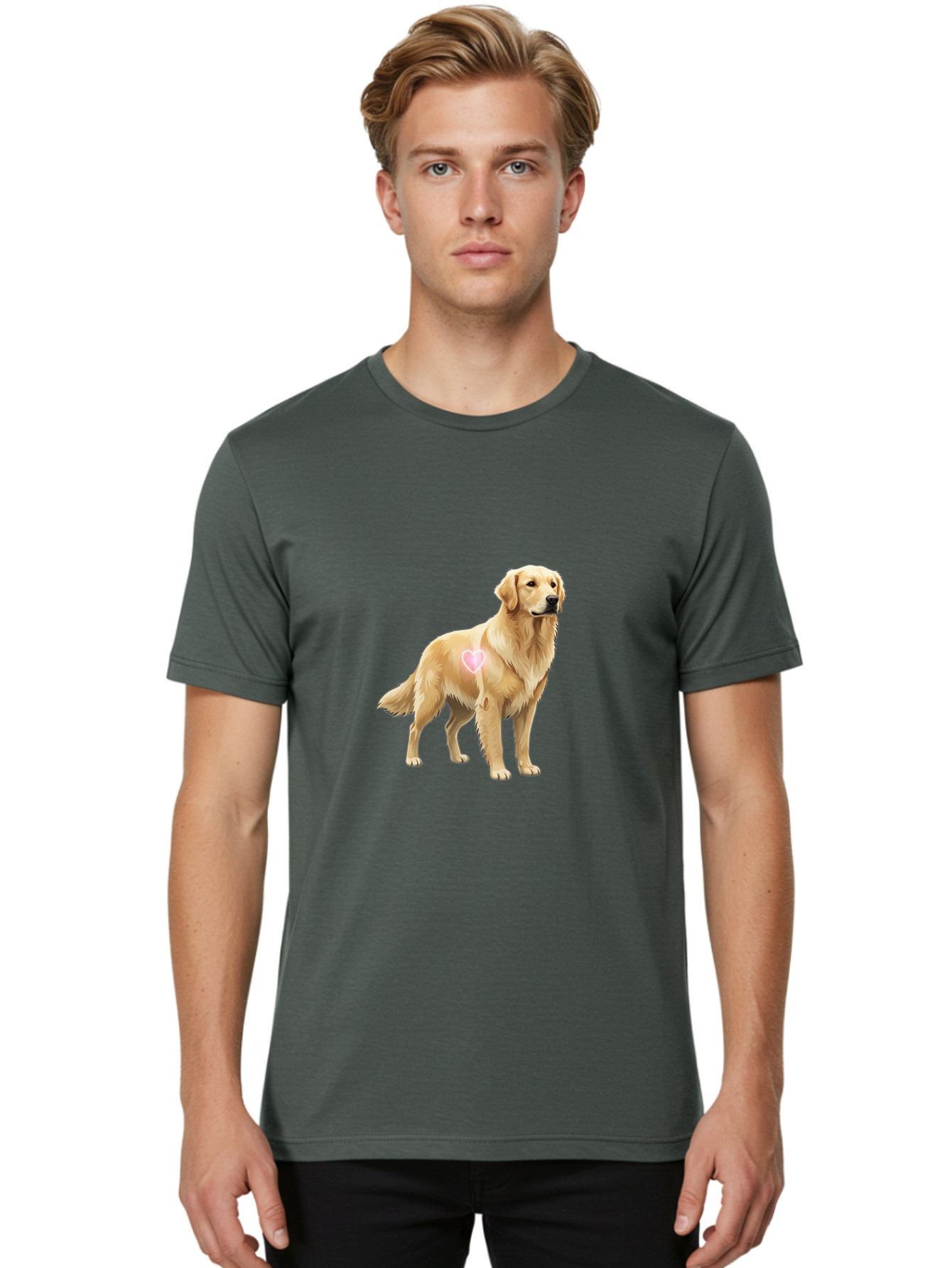 Golden-Retriever-With-Heart-1 Men'S Graphic Tee, 100% Cotton, Comfortable Casual Summer Wear, Machine Washable, Golden Retriever Dog, Heart On Dog, Cute Canine, Lovely Pet, Dog Love, Heart Symbol, Pet Friendly, Dog Graphic Bac002