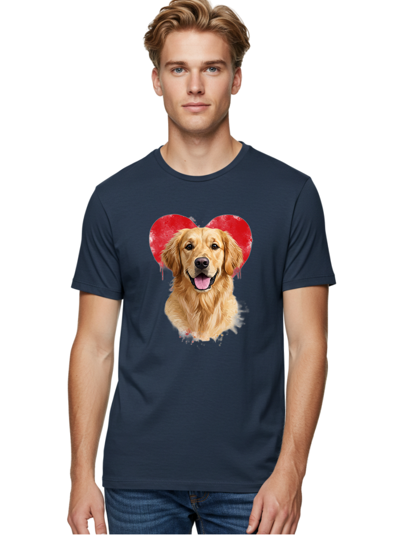 Golden-Retriever-With-Heart Men'S Graphic Tee, 100% Cotton, Comfortable Casual Summer Wear, Machine Washable, Golden Retriever, Dog Love, Red Heart, Dripping Paint, Cute Canine, Furry Friend, Heartwarming Moment, Loyal Companion, Happy Dog, Bac003