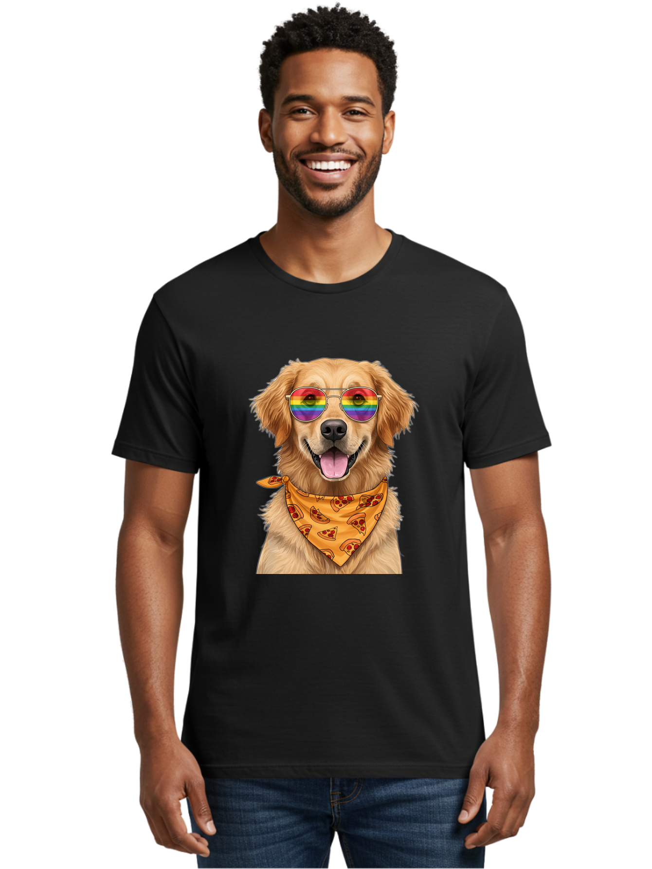 Golden-Retriever-With-Sunglasses-1 Men'S Graphic Tee, 100% Cotton, Comfortable Casual Summer Wear, Machine Washable, Funny Dog, Golden Retriever, Rainbow Sunglasses, Trendy Accessories, Pizza Bandana, Cool Canine, Playful Pet Bac004