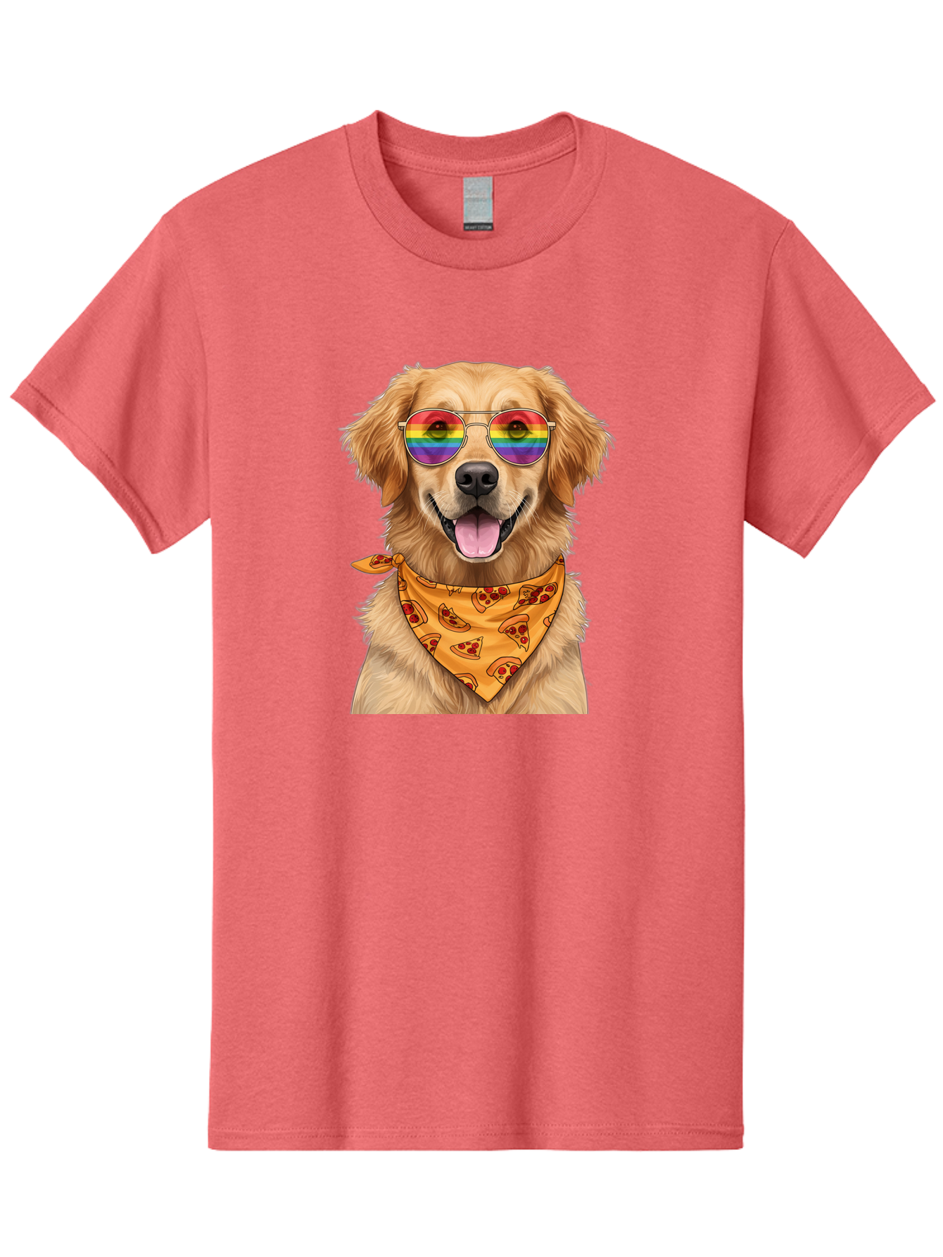 Golden-Retriever-With-Sunglasses-1 Men'S Graphic Tee, 100% Cotton, Comfortable Casual Summer Wear, Machine Washable, Funny Dog, Golden Retriever, Rainbow Sunglasses, Trendy Accessories, Pizza Bandana, Cool Canine, Playful Pet Bac004