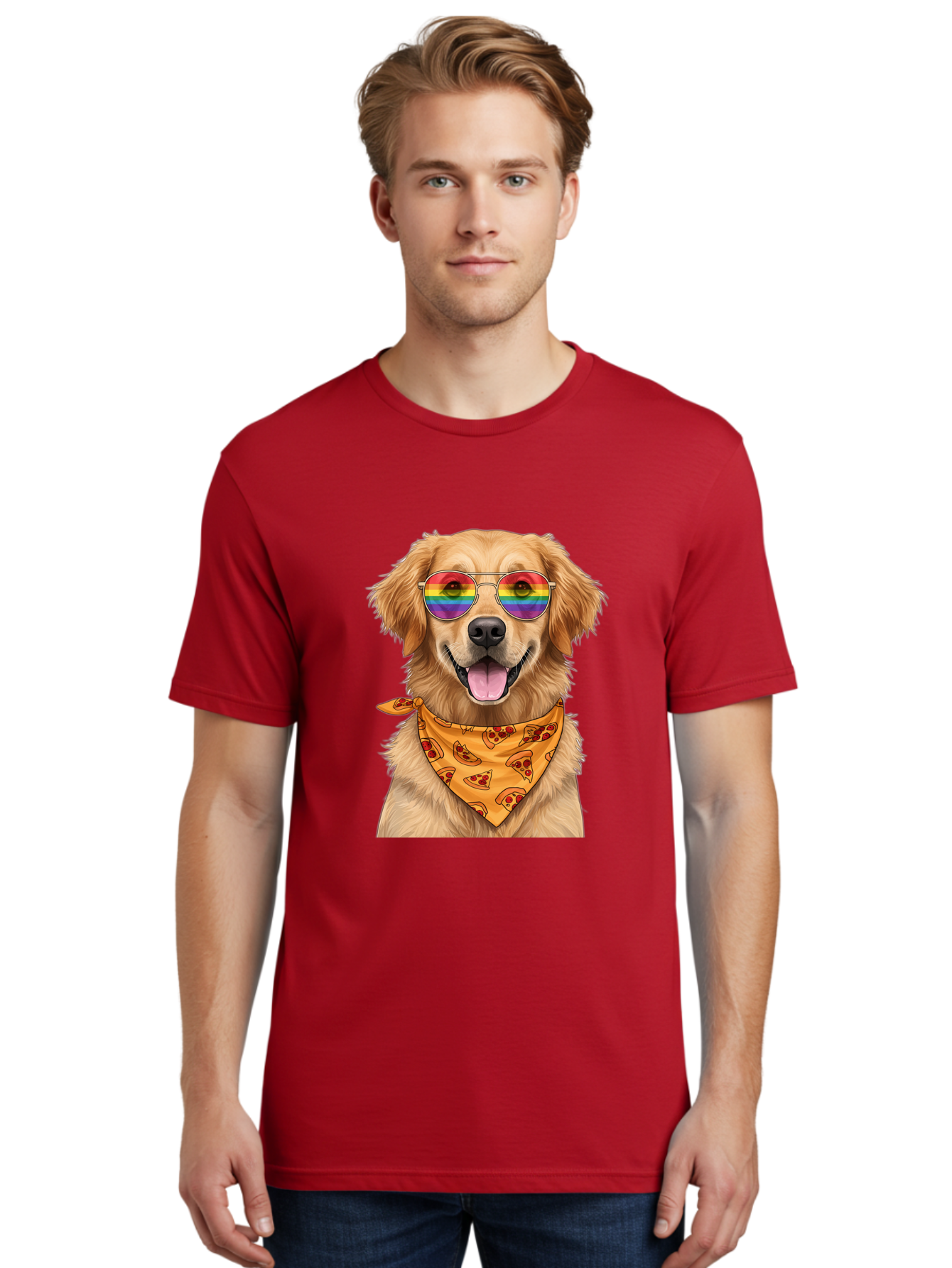 Golden-Retriever-With-Sunglasses-1 Men'S Graphic Tee, 100% Cotton, Comfortable Casual Summer Wear, Machine Washable, Funny Dog, Golden Retriever, Rainbow Sunglasses, Trendy Accessories, Pizza Bandana, Cool Canine, Playful Pet Bac004