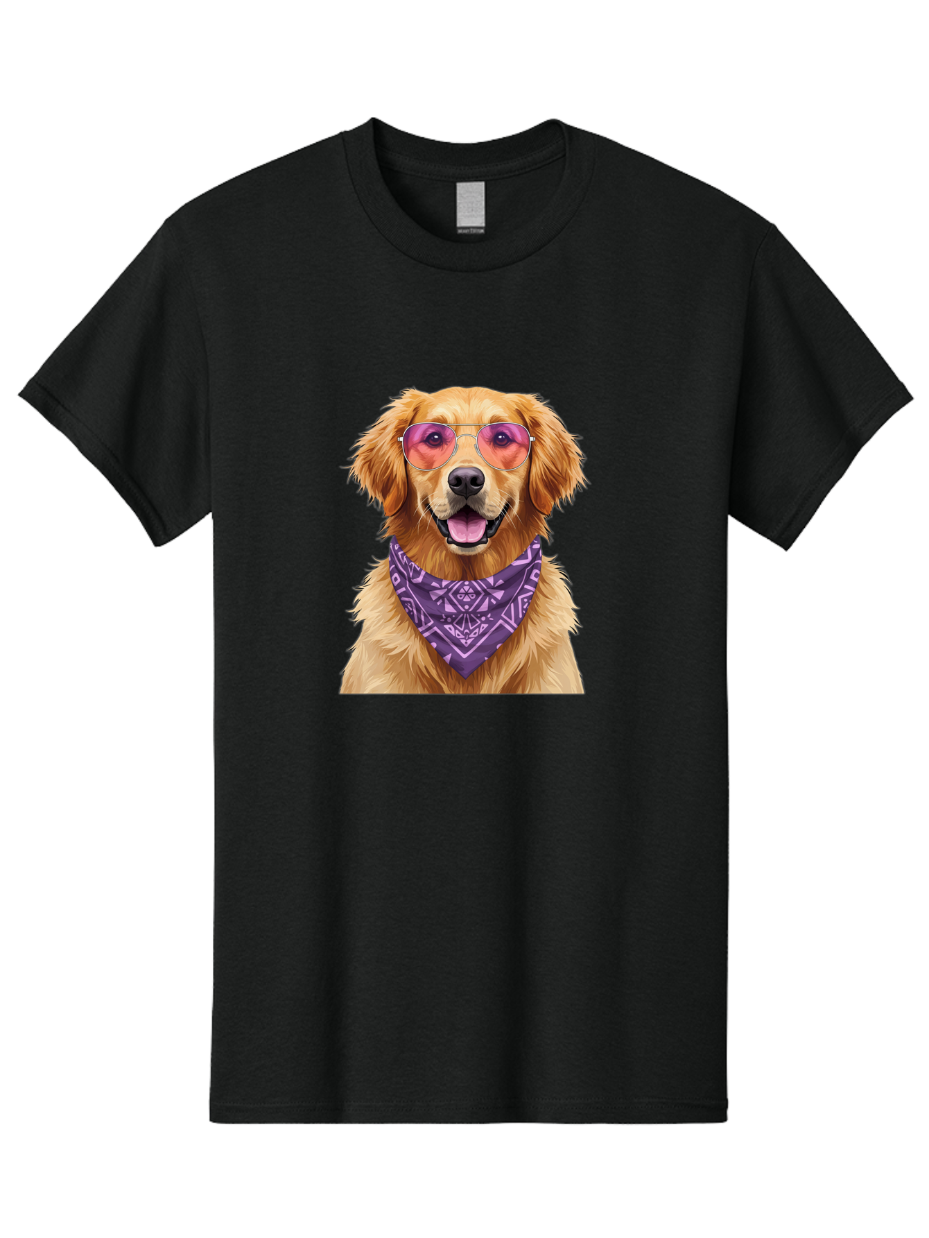Golden-Retriever-With-Sunglasses Men'S Graphic Tee, 100% Cotton, Comfortable Casual Summer Wear, Machine Washable, Golden Retriever Dog, Trendy Sunglasses, Purple Bandana, Stylish Accessories, Cool Canine, Funky Pet, Modern Dog Design, Bac005