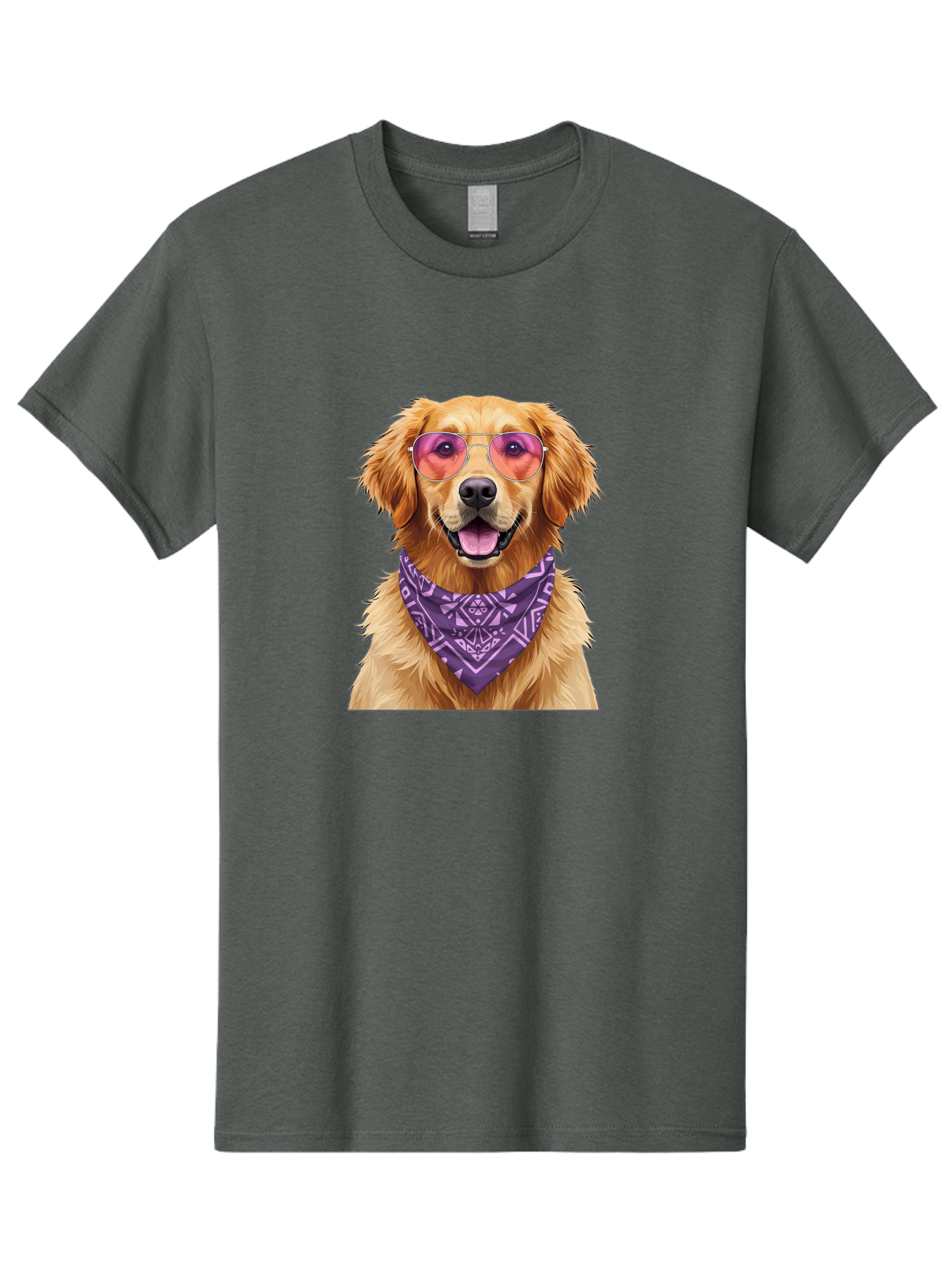 Golden-Retriever-With-Sunglasses Men'S Graphic Tee, 100% Cotton, Comfortable Casual Summer Wear, Machine Washable, Golden Retriever Dog, Trendy Sunglasses, Purple Bandana, Stylish Accessories, Cool Canine, Funky Pet, Modern Dog Design, Bac005