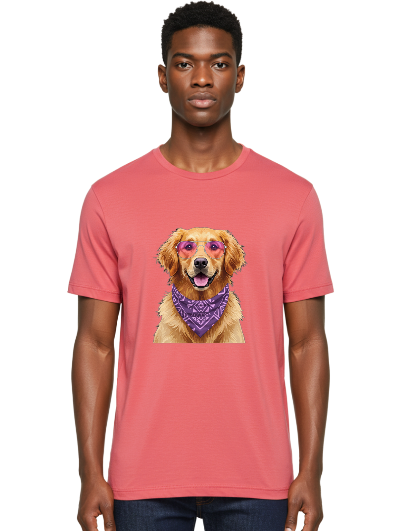 Golden-Retriever-With-Sunglasses Men'S Graphic Tee, 100% Cotton, Comfortable Casual Summer Wear, Machine Washable, Golden Retriever Dog, Trendy Sunglasses, Purple Bandana, Stylish Accessories, Cool Canine, Funky Pet, Modern Dog Design, Bac005