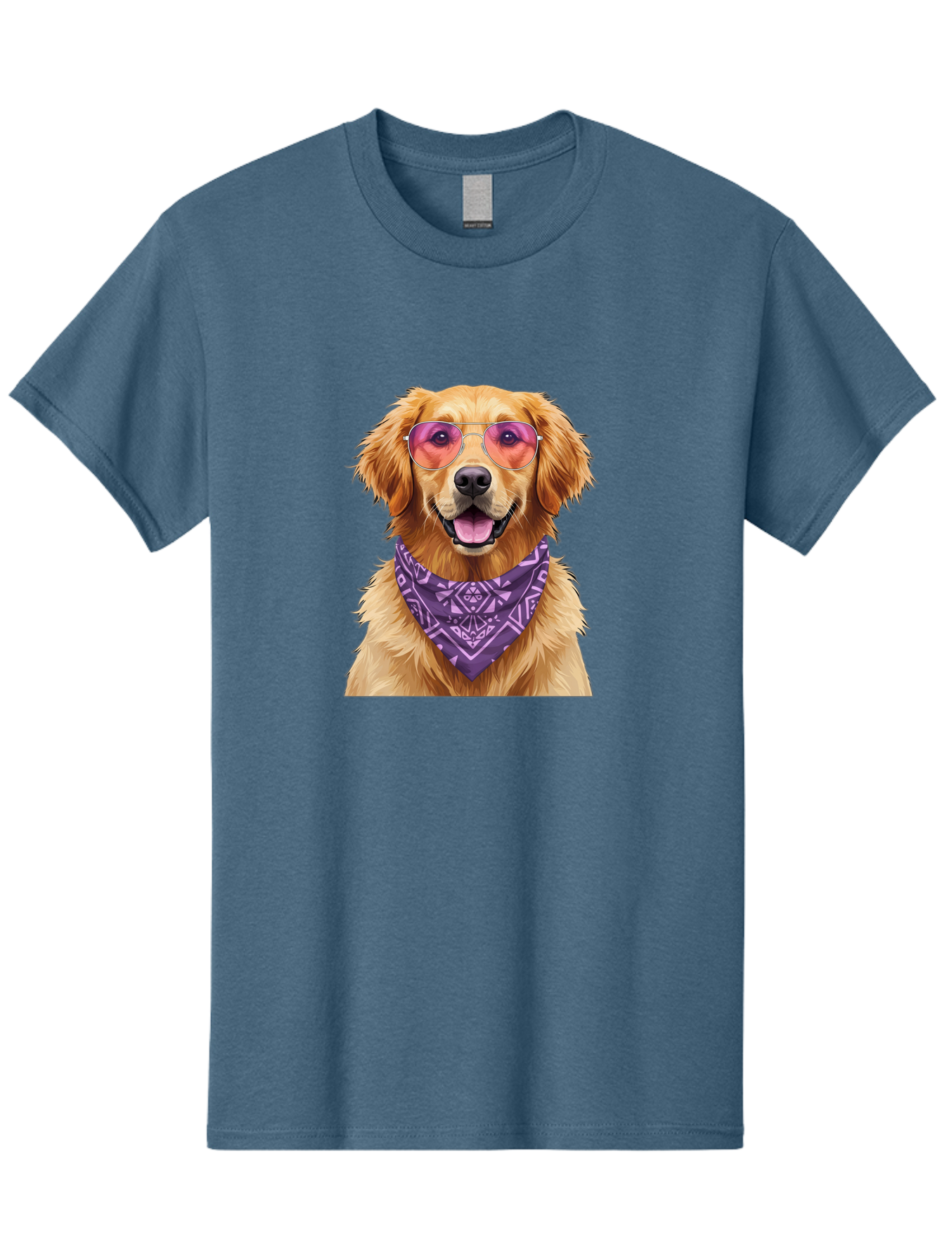Golden-Retriever-With-Sunglasses Men'S Graphic Tee, 100% Cotton, Comfortable Casual Summer Wear, Machine Washable, Golden Retriever Dog, Trendy Sunglasses, Purple Bandana, Stylish Accessories, Cool Canine, Funky Pet, Modern Dog Design, Bac005