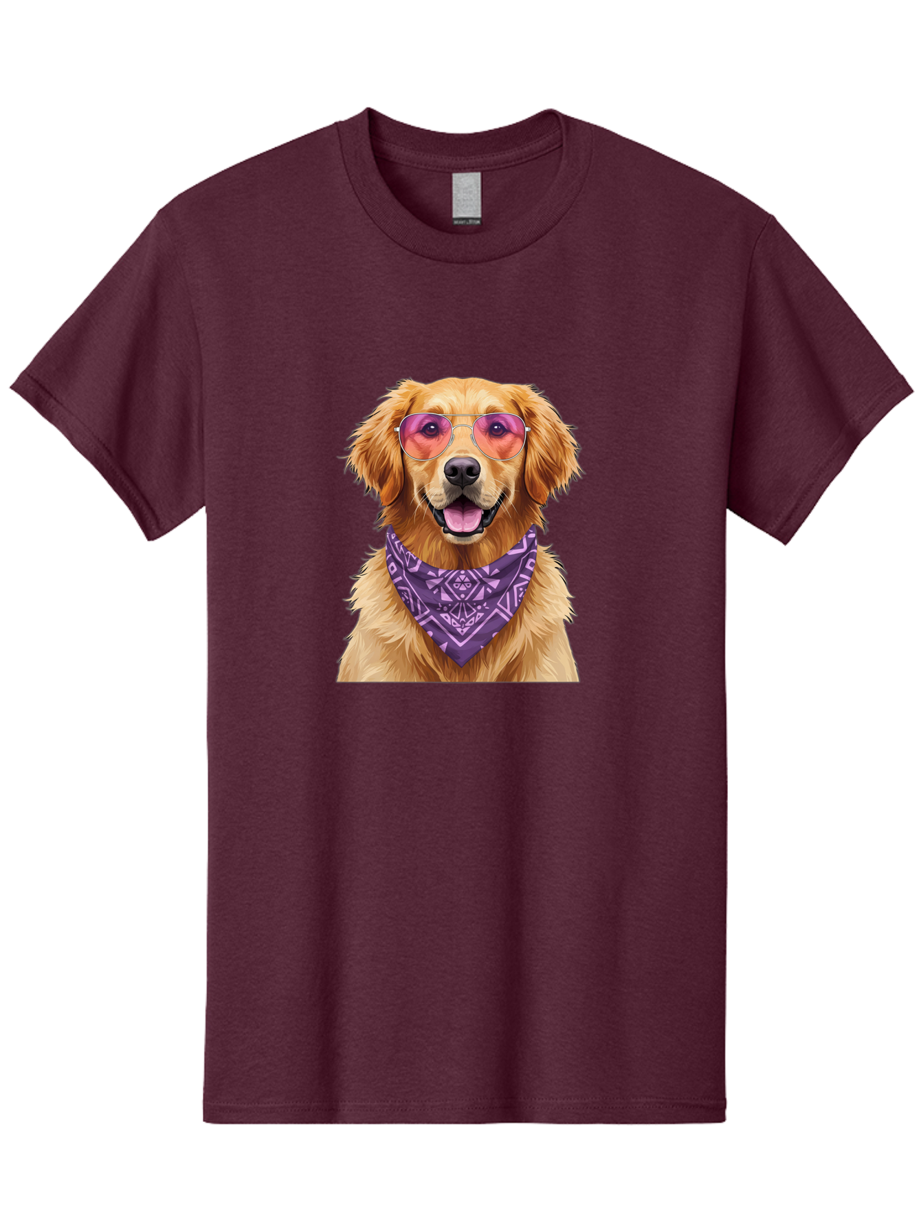 Golden-Retriever-With-Sunglasses Men'S Graphic Tee, 100% Cotton, Comfortable Casual Summer Wear, Machine Washable, Golden Retriever Dog, Trendy Sunglasses, Purple Bandana, Stylish Accessories, Cool Canine, Funky Pet, Modern Dog Design, Bac005
