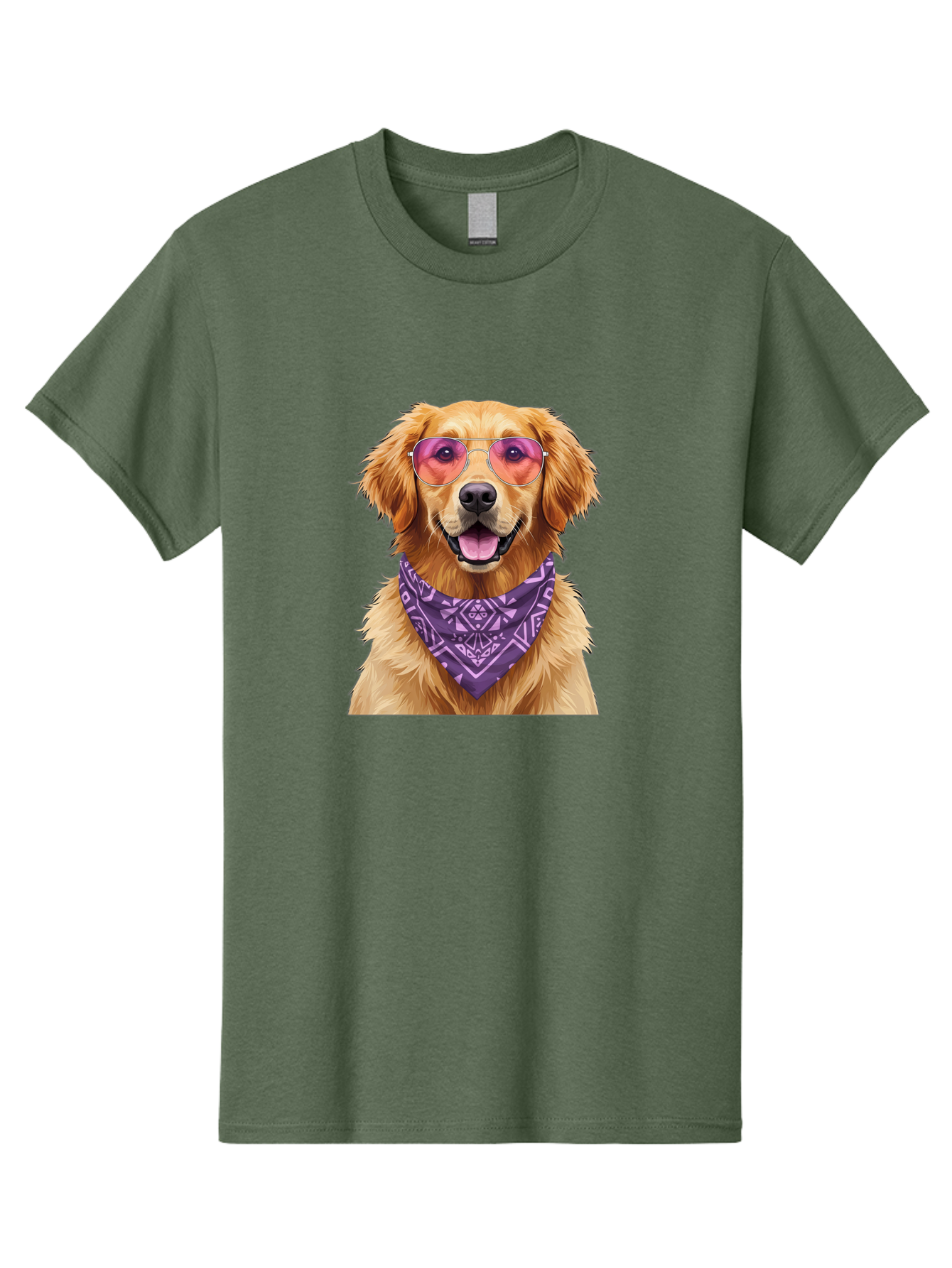 Golden-Retriever-With-Sunglasses Men'S Graphic Tee, 100% Cotton, Comfortable Casual Summer Wear, Machine Washable, Golden Retriever Dog, Trendy Sunglasses, Purple Bandana, Stylish Accessories, Cool Canine, Funky Pet, Modern Dog Design, Bac005