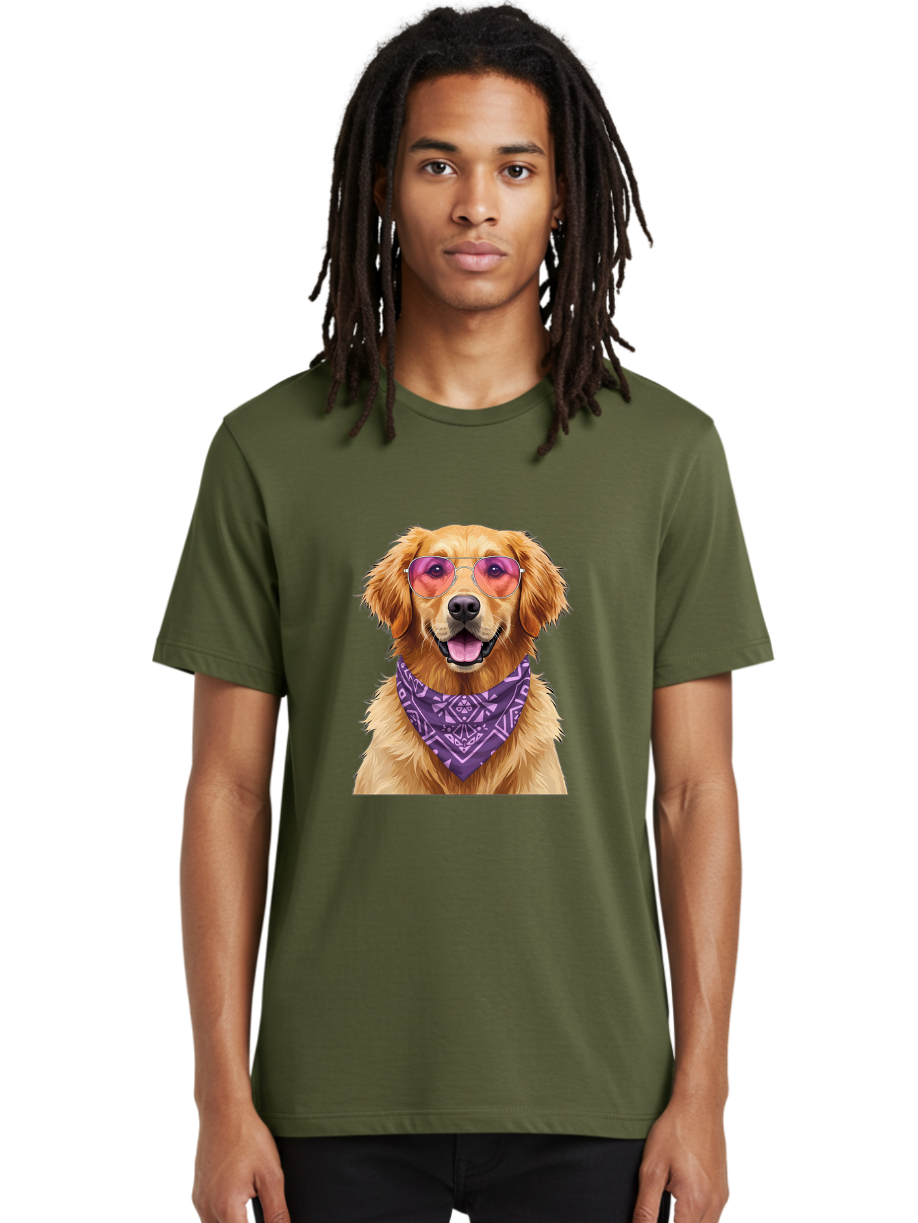 Golden-Retriever-With-Sunglasses Men'S Graphic Tee, 100% Cotton, Comfortable Casual Summer Wear, Machine Washable, Golden Retriever Dog, Trendy Sunglasses, Purple Bandana, Stylish Accessories, Cool Canine, Funky Pet, Modern Dog Design, Bac005