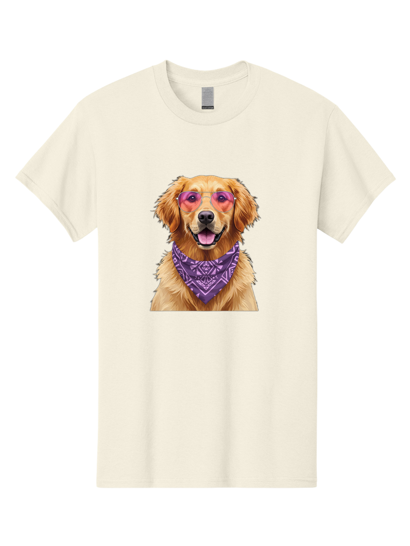 Golden-Retriever-With-Sunglasses Men'S Graphic Tee, 100% Cotton, Comfortable Casual Summer Wear, Machine Washable, Golden Retriever Dog, Trendy Sunglasses, Purple Bandana, Stylish Accessories, Cool Canine, Funky Pet, Modern Dog Design, Bac005